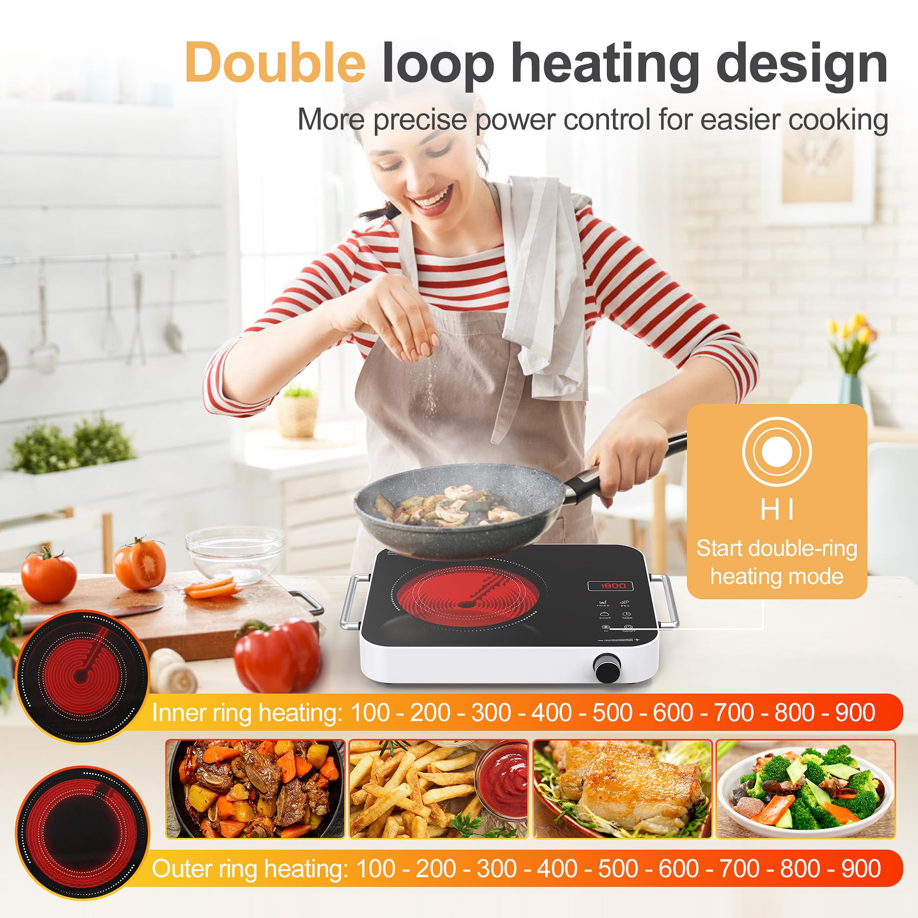 1800W Single Burner Electric Cooktop with Knob Control - Portable 110V Stove Top with Double Ring Heating, 2 Handles & 4-Hour Timer - Perfect for Dorm Rooms, Small Kitchens & RV Cooking