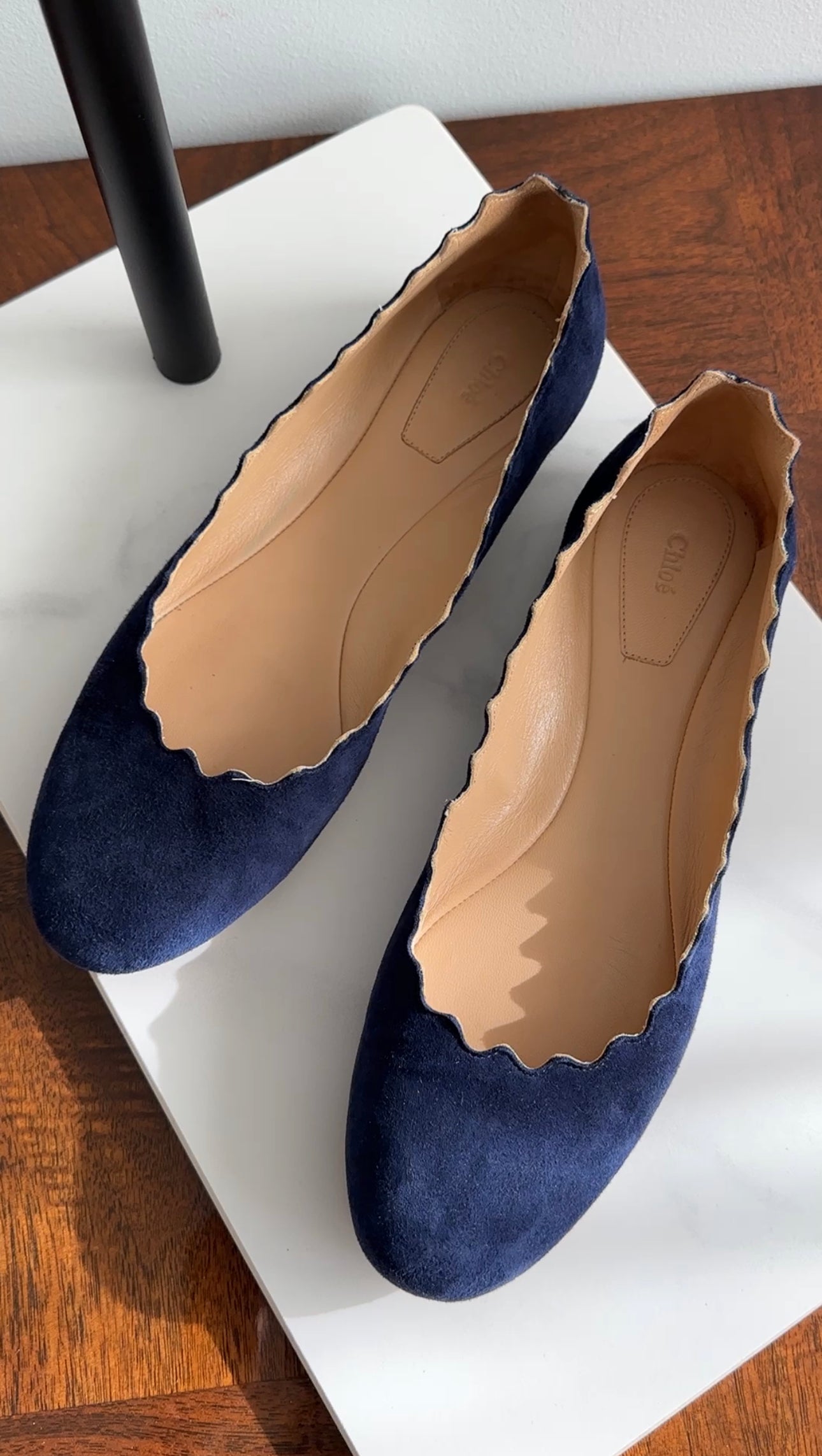 Chloe Navy Suede Scallop Lauren Flat Shoes Women's Size 39 - Comfortable Loafers for Work, Office & Casual Outfits