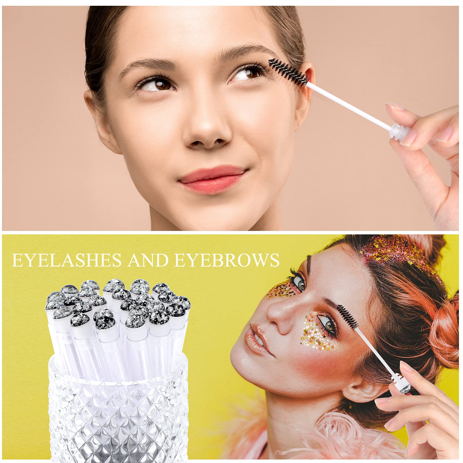 50pcs Eyelash Brushes - Professional Lash Wand Makeup Tools for Eyelash Extensions, Mascara Application & Cleaning | Diamond Mascara Foil Black Brushes for Salon, Home & Travel Use