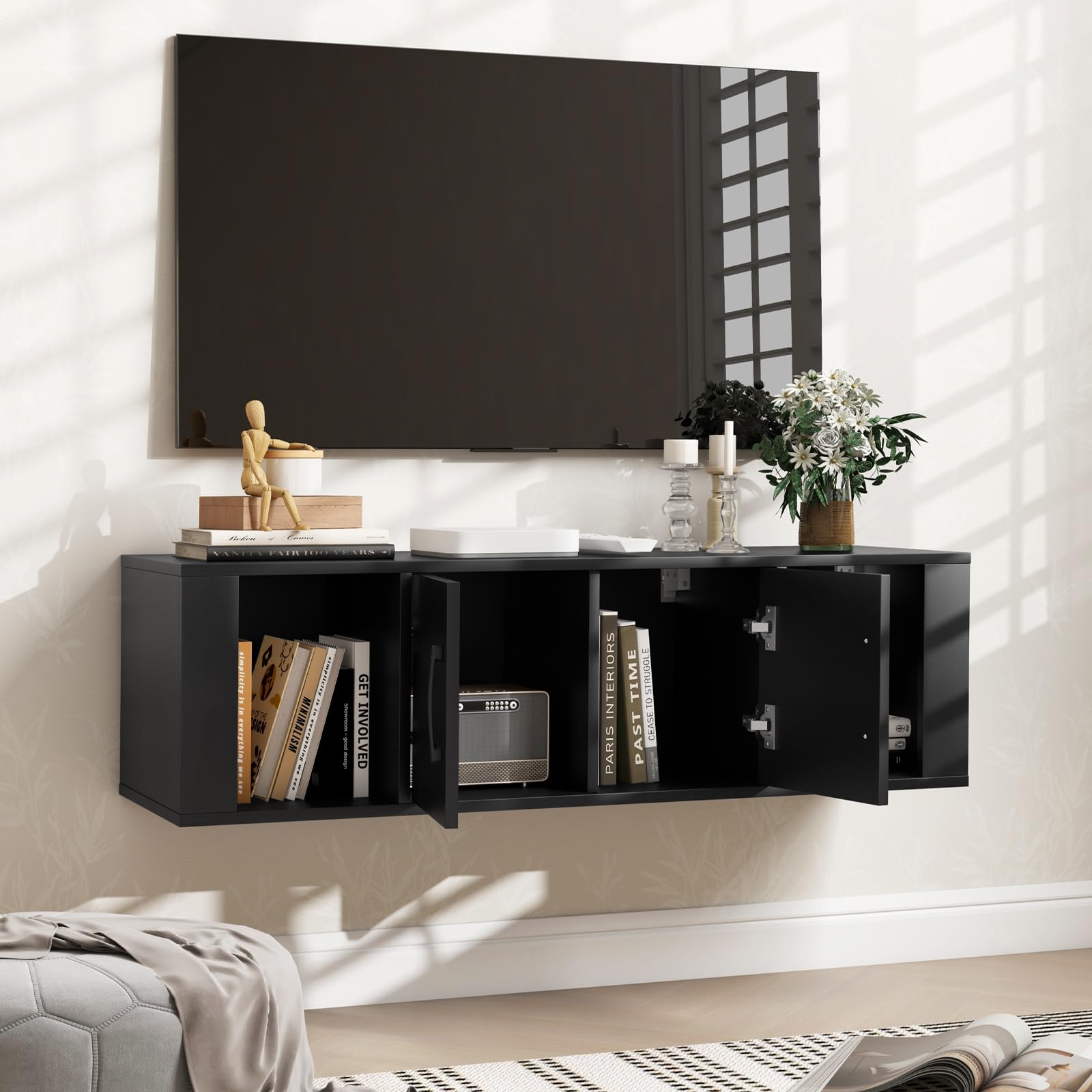 Giantex 2 Cube Wall Mounted Storage Cabinet with 2 Doors & 2 Open Shelves - Floating Media Console for Home Office, Kitchen, Bathroom & Living Room - Space Saving Organizer for Books, Decor & Essentials (Black)