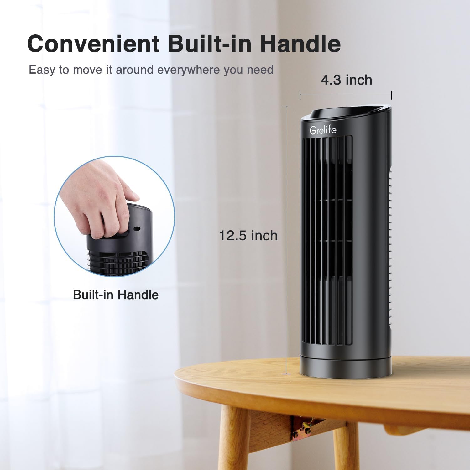 Grelife 13'' Bladeless Tower Fan with 3 Speed Settings - Ultra Quiet Cooling Desk Fan, 70° Oscillation, Compact & Portable - Perfect for Bedroom, Home Office, Dorm Room & Small Spaces