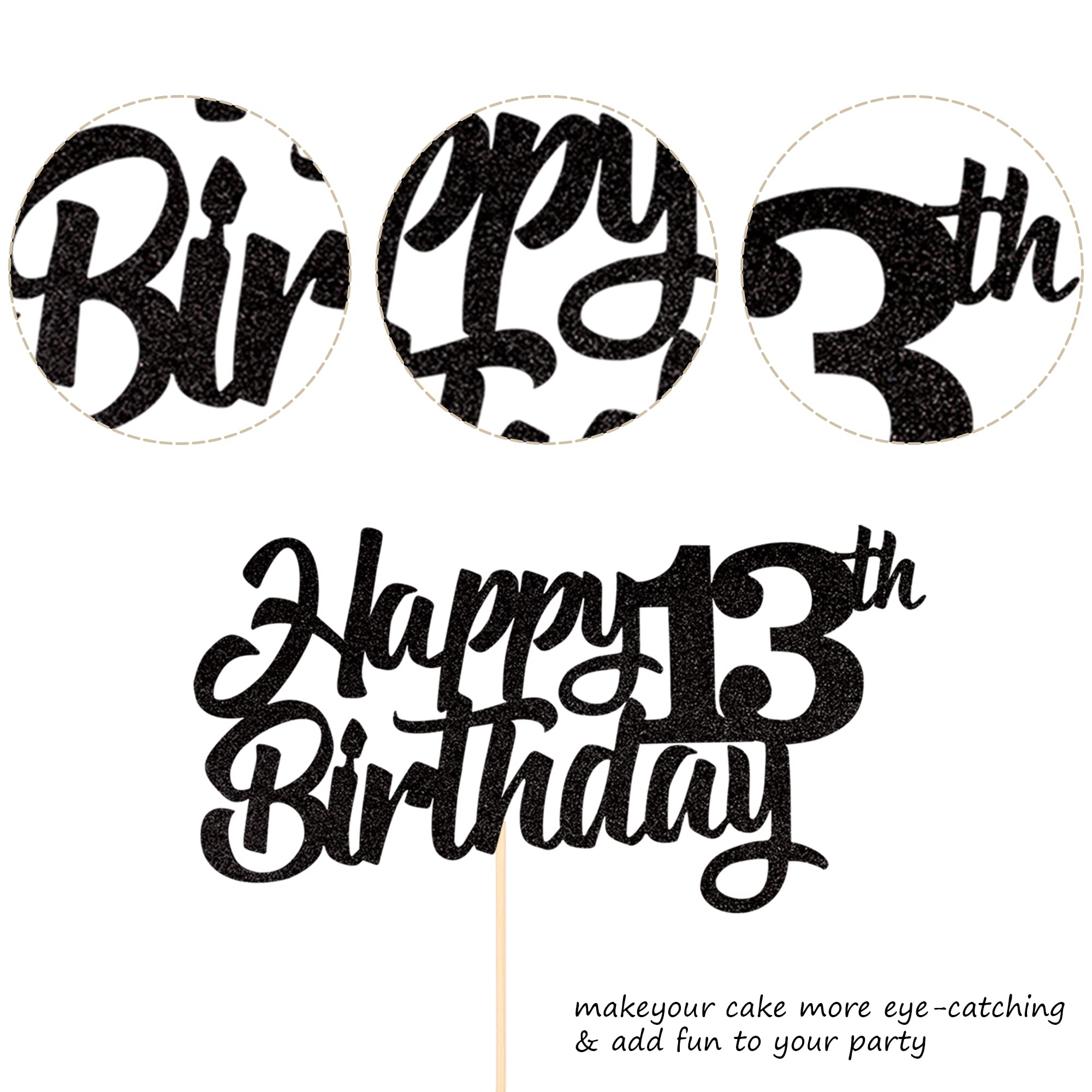 1 Pack Happy 13th Birthday Cake Topper - Glitter 13th Birthday Cake Picks - Cheers to 13 Years Old - Thirteen Fabulous Cake Decorations for 13th Birthday Theme Party Supplies (Black) - Perfect for Birthday Cakes, Cupcakes, and Dessert Table Displays