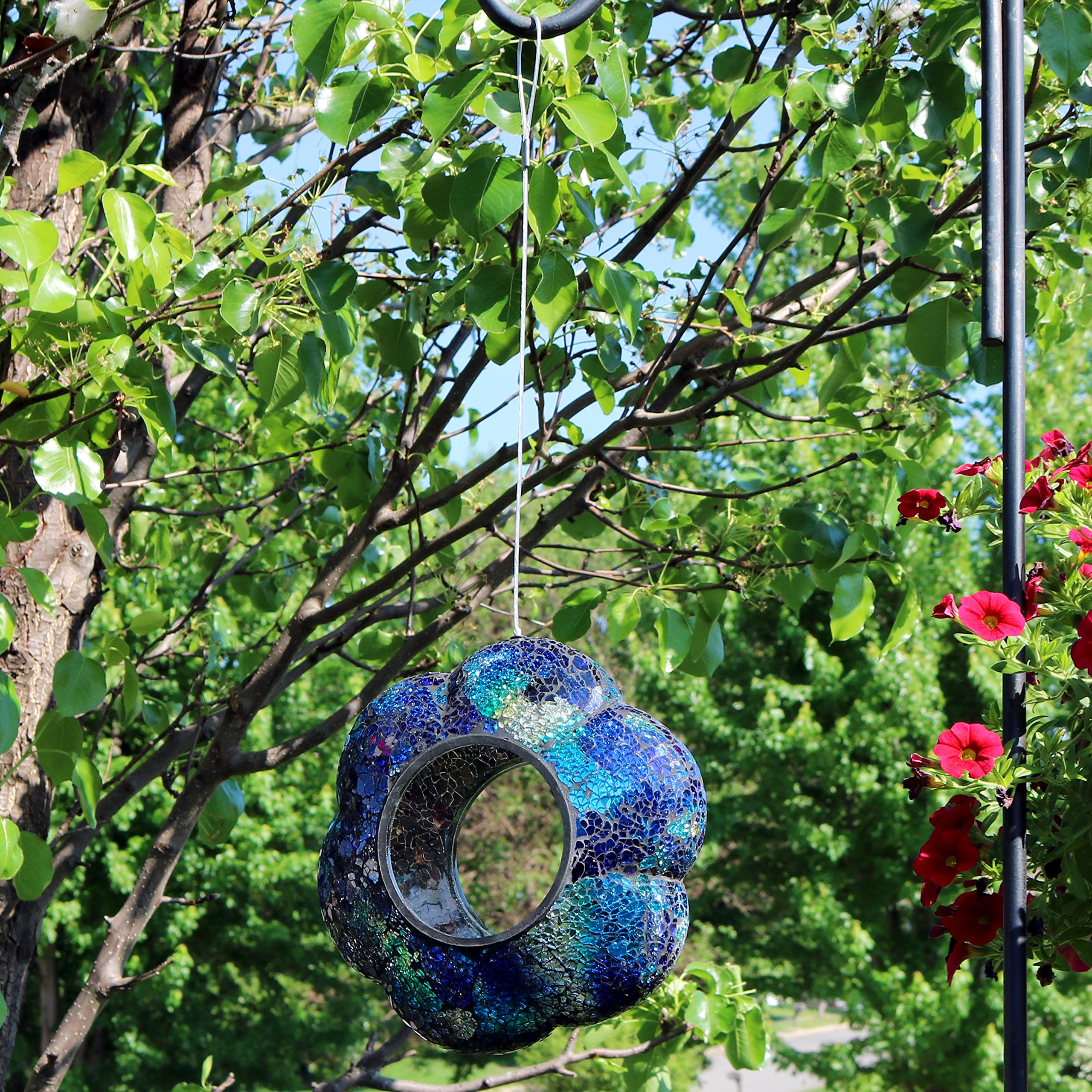 Sunnydaze 9-Inch Indigo Glass Flower Fly-Through Bird Feeder & 10-Inch Deep Ocean Swirl Blue Crackled Mosaic Gazing Globe Set - Outdoor Garden Decor for Birds & Aesthetic Landscaping