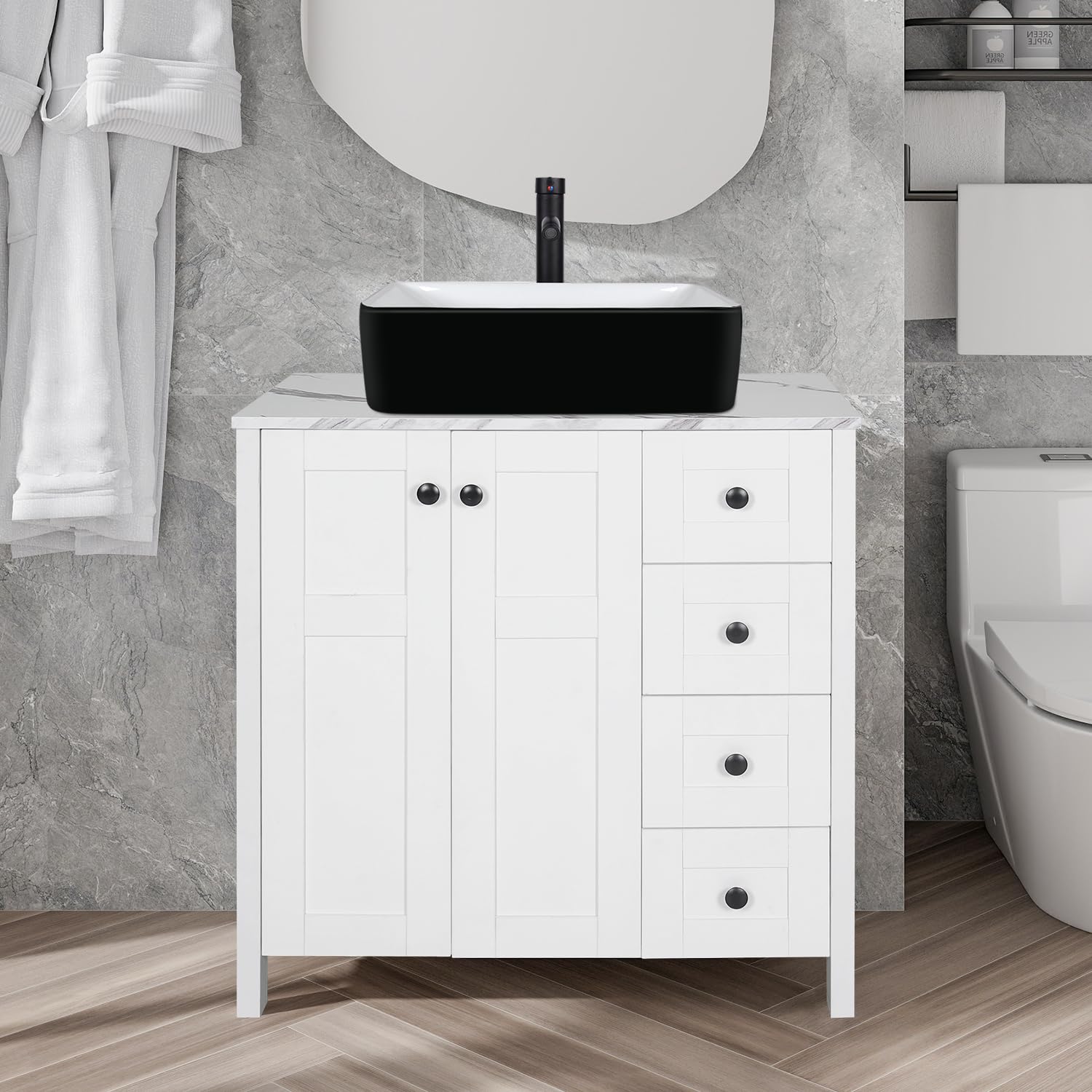 Puluomis 32 Inch White Traditional Bathroom Vanity Set with Marble Texture Top, 4 Drawers & Ceramic Sink - Single Faucet Hole - Perfect for Small Bathrooms, Powder Rooms & Home Renovations