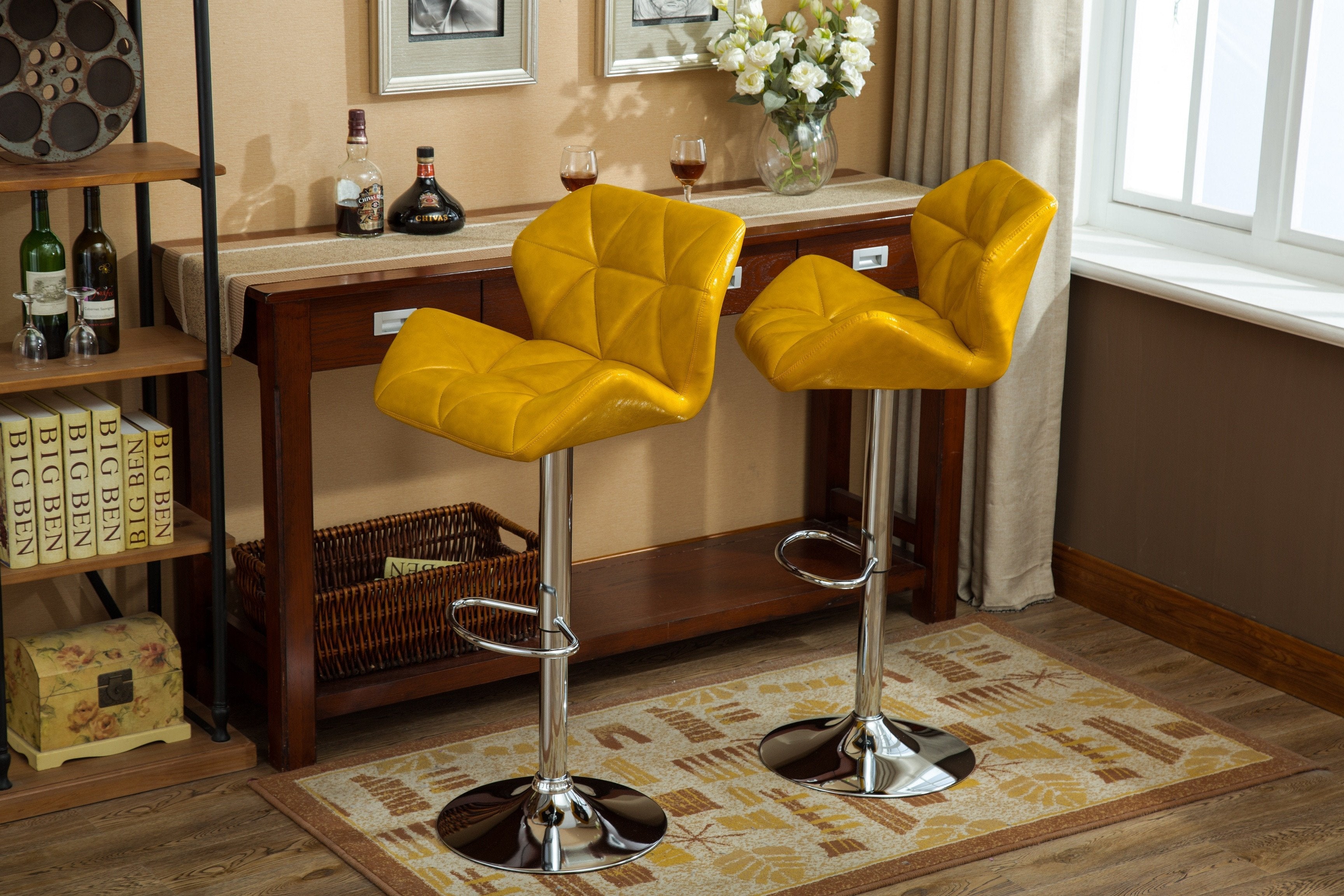 Roundhill Furniture Glasgow Contemporary Tufted Adjustable Height Hydraulic Bar Stools, Set of 2, Yellow - Perfect for Kitchen Islands, Home Bars & Modern Dining Areas