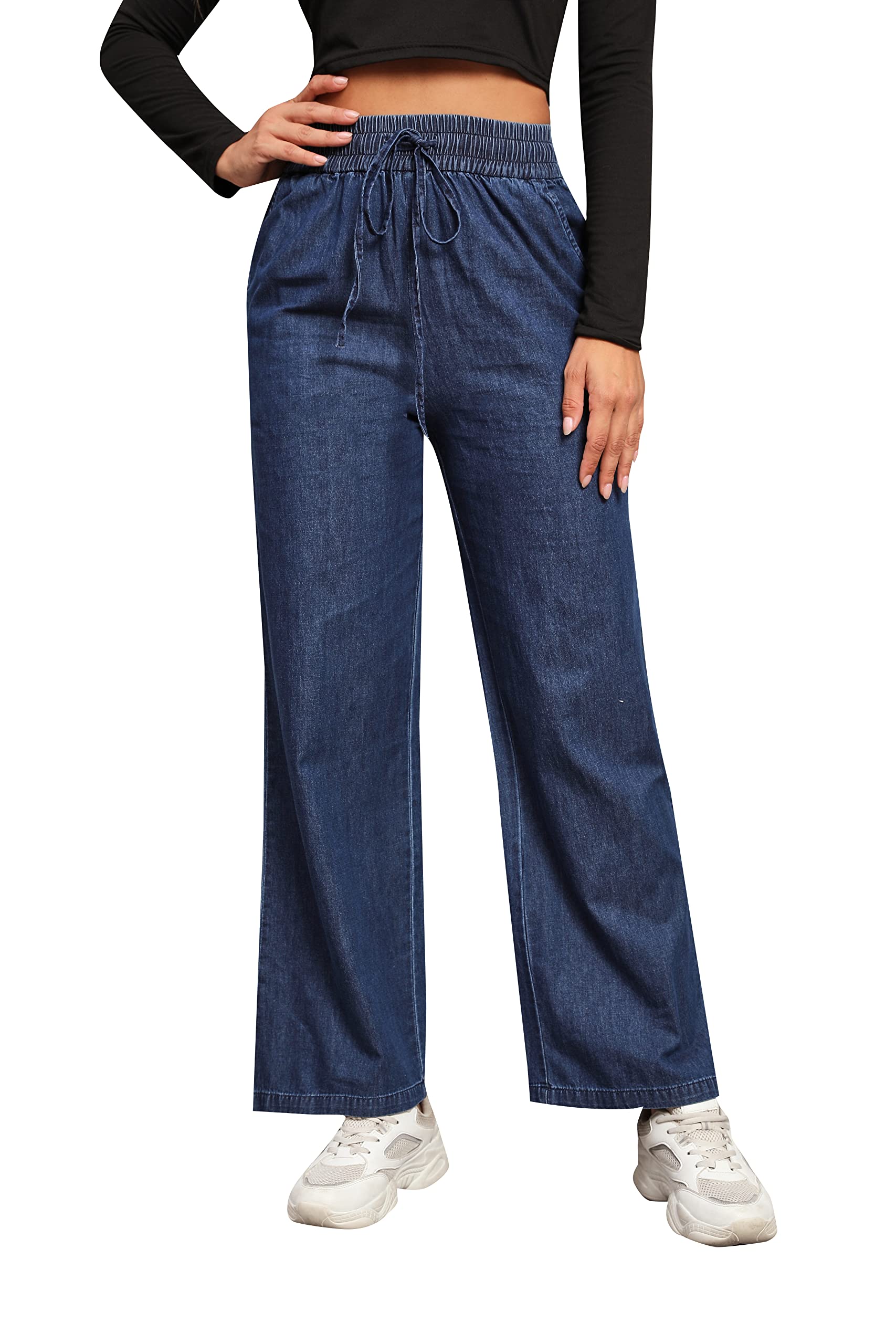 Love Welove Women's Fashion Wide Leg Jeans - Elastic High Waist Pull On Stretch Denim Pants with Drawstring, Plus Size 3XL | Casual Chic Outfit for Streetwear & Everyday Comfort