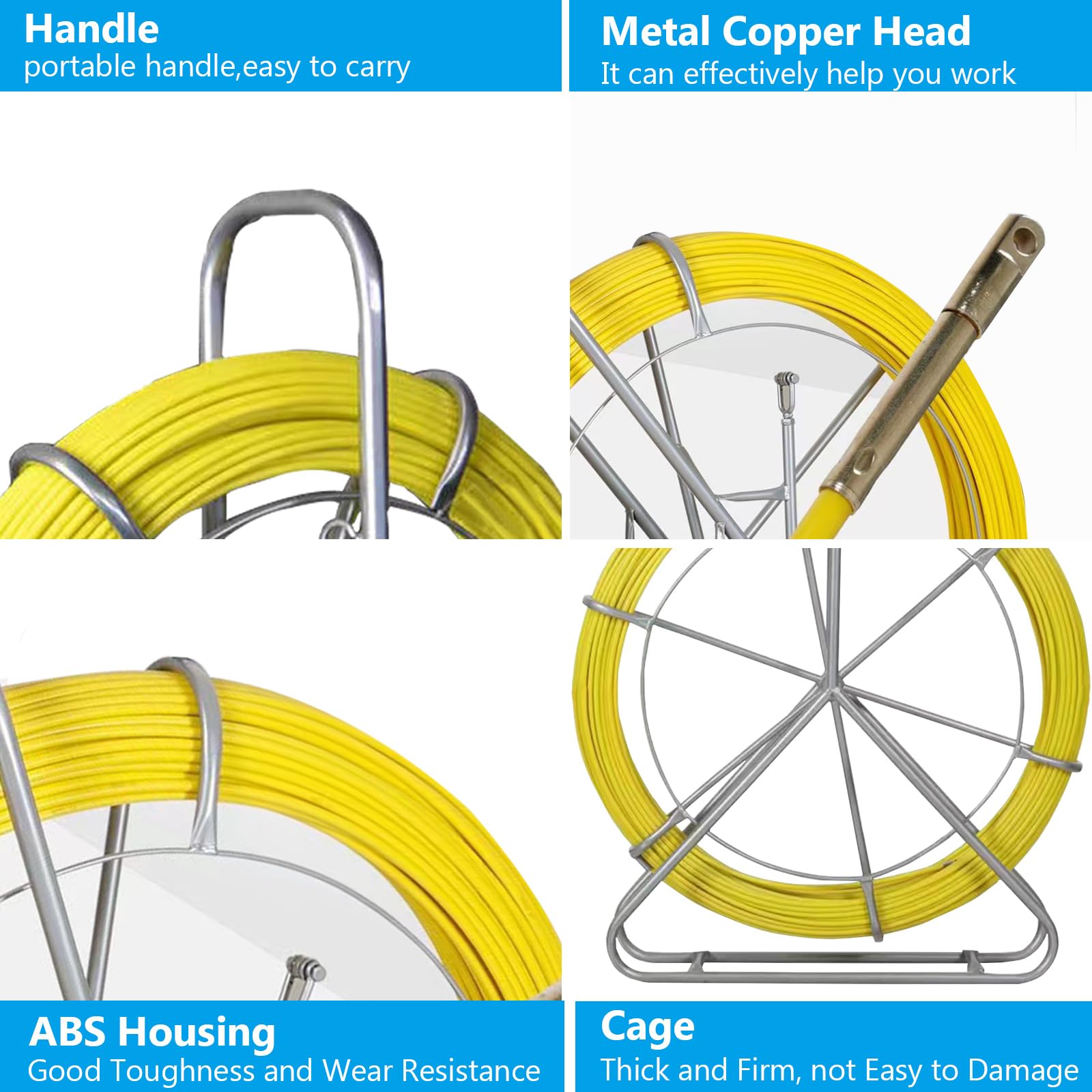 8MM x 328FT Fiberglass Fish Tape - Heavy Duty Wire Puller with Cage & Stand for Electrical Wiring, Conduit Installation & Cable Running (Ideal for Electricians, DIY Home Projects & Professional Use)