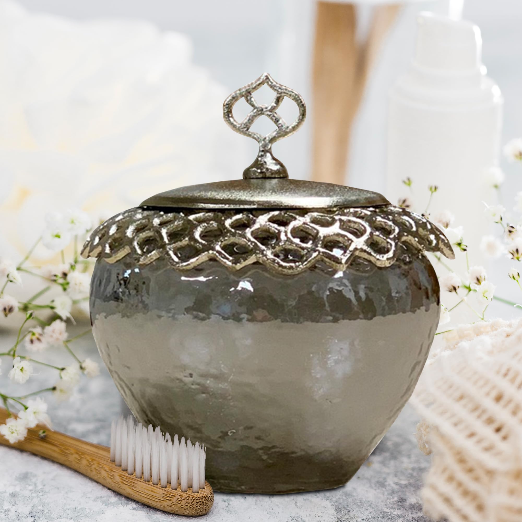 Decozen Qtips Holder & Cotton Ball Jar with Lid - Elegant Glass & Metal Organizer for Kitchen, Bathroom & Vanity Countertops | Arabesque Collection | Perfect for Makeup Storage, Bath Accessories & Home Decor