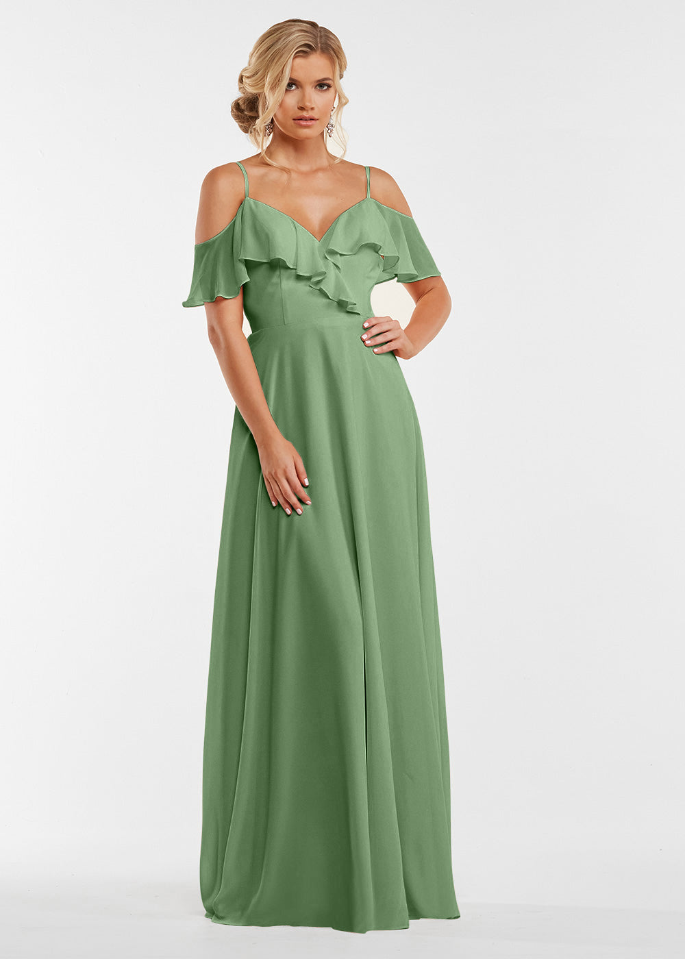Elegant Off Shoulder Ruffled Chiffon Bridesmaid Dress - A-Line Flowy Design for Weddings, Parties & Special Occasions