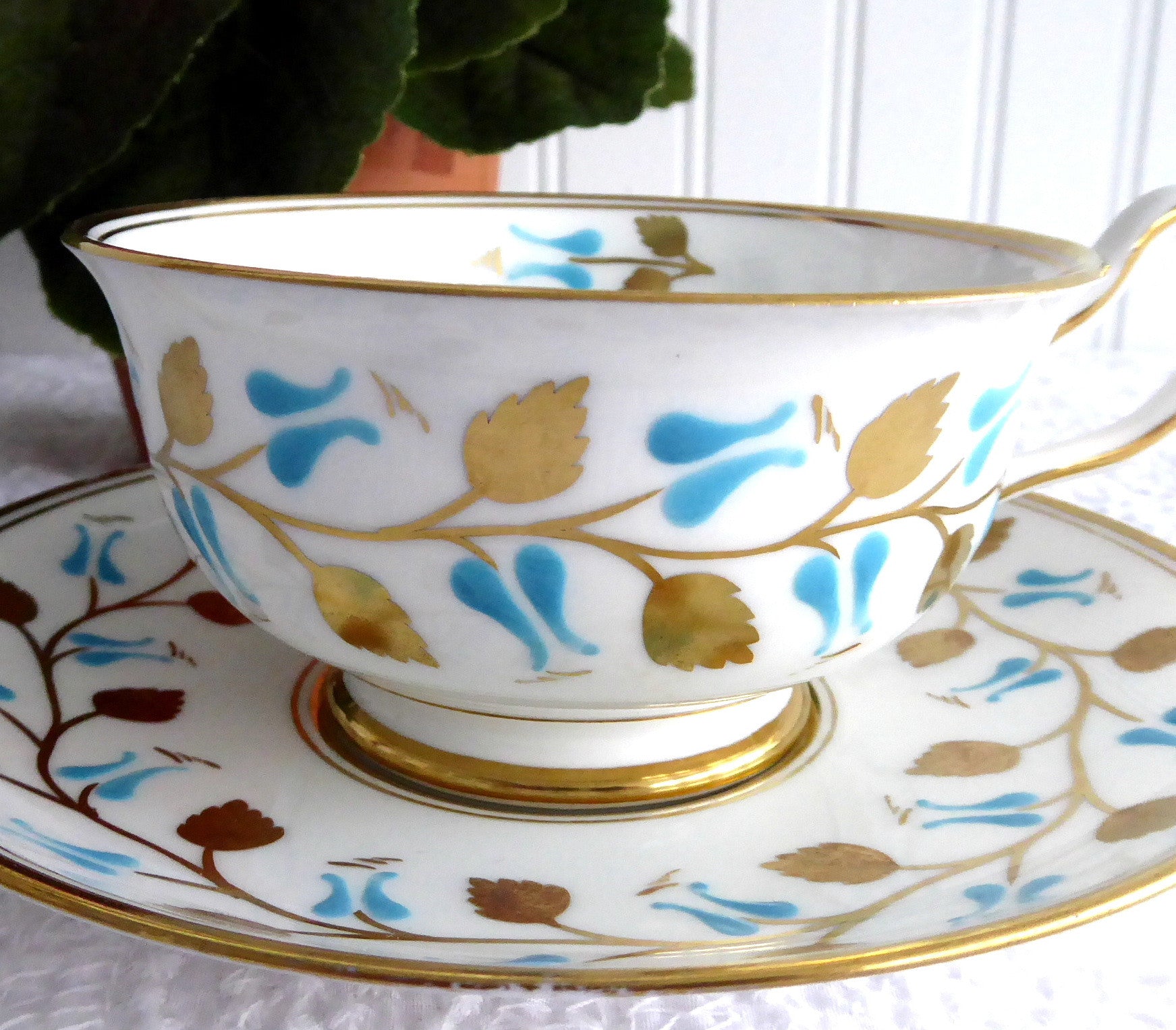 Vintage Royal Chelsea England Hand Painted Gold Leaf Aqua Cup and Saucer Set - 1950s Fine China Tea Set for Afternoon Tea, Collectible Antique Tableware