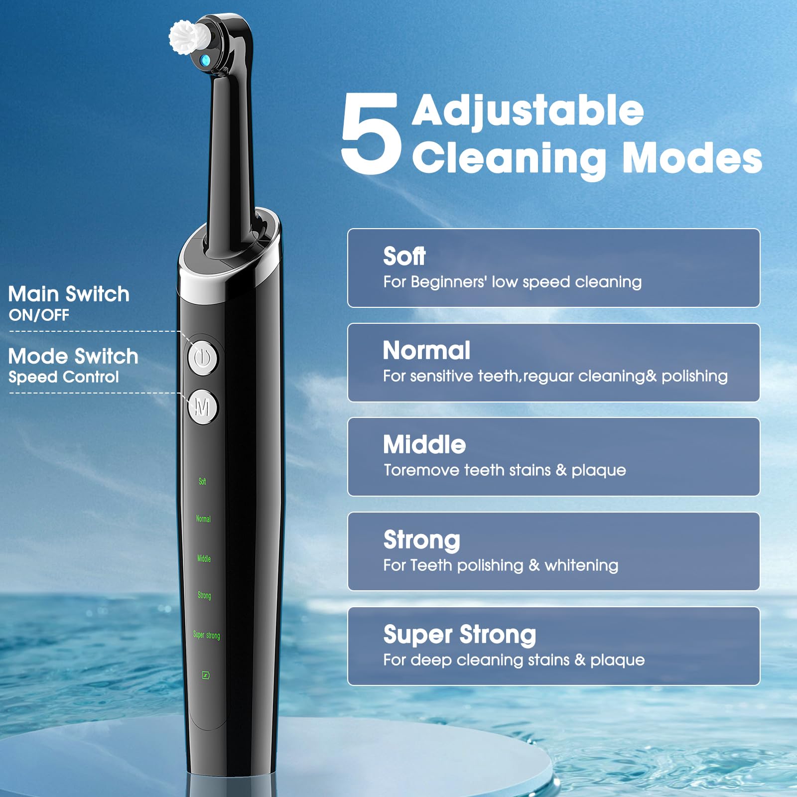 Electric Tooth Polisher - 5 Modes, 5 Brush Heads, IPX6 Waterproof for Teeth Whitening & Cleaning at Home