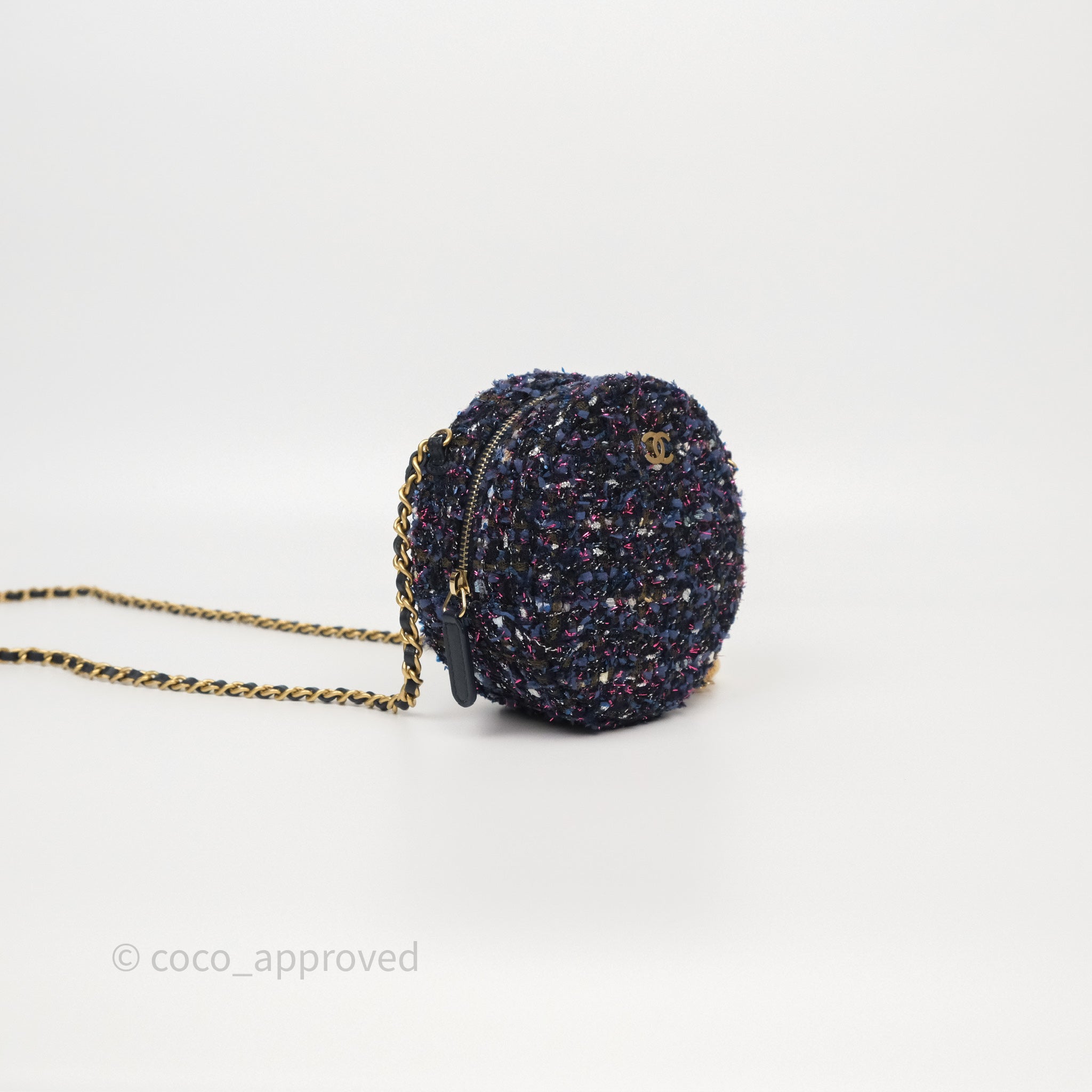Chanel Navy Purple Tweed Round Clutch Bag with Chain & Aged Gold Hardware - Elegant Evening Clutch for Parties, Weddings & Special Events