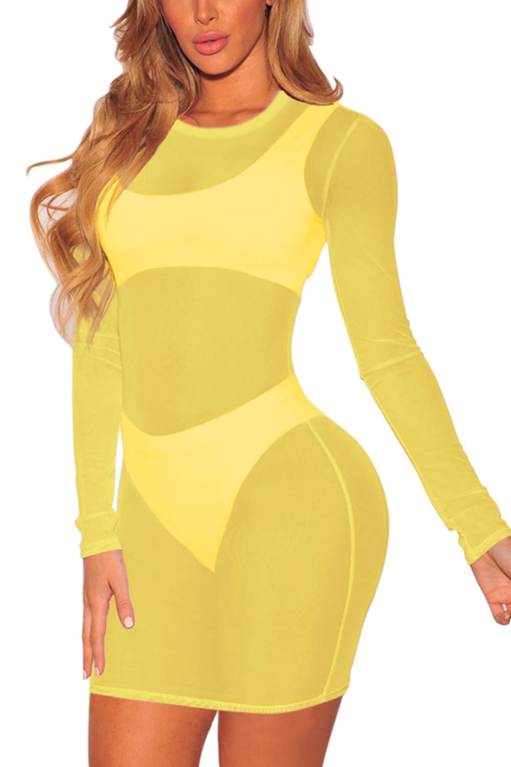 COCOLEGGINGS Women's Sheer Mesh Long Sleeve Beach Cover Up Dress - Sexy Swimwear Coverup, Lightweight Summer Tunic for Pool, Vacation & Boho Fashion