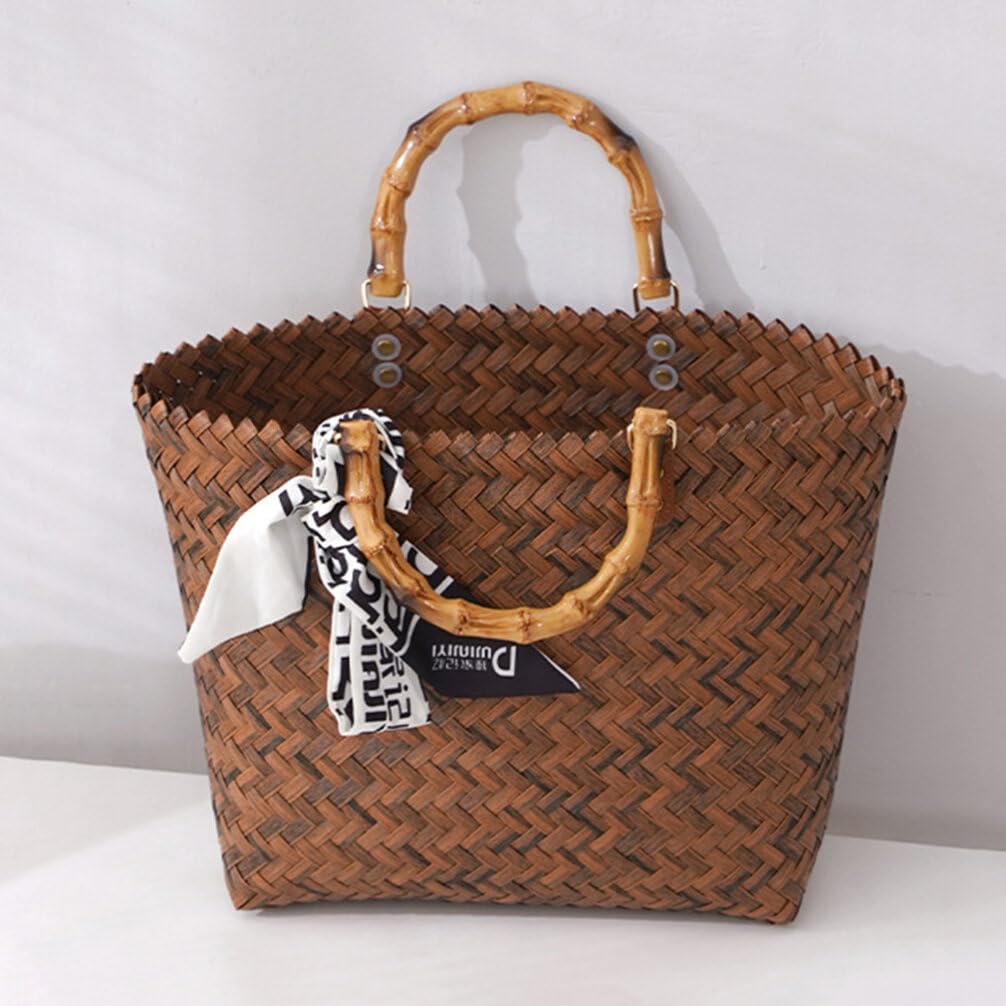 Stylish Woven Rattan Tote Bag with Bamboo Handle - Women's Retro Hobo Shoulder Bag for Beach, Picnic, Wedding & Shopping | Eco-Friendly Straw Handbag for Casual Outings & Summer Accessories