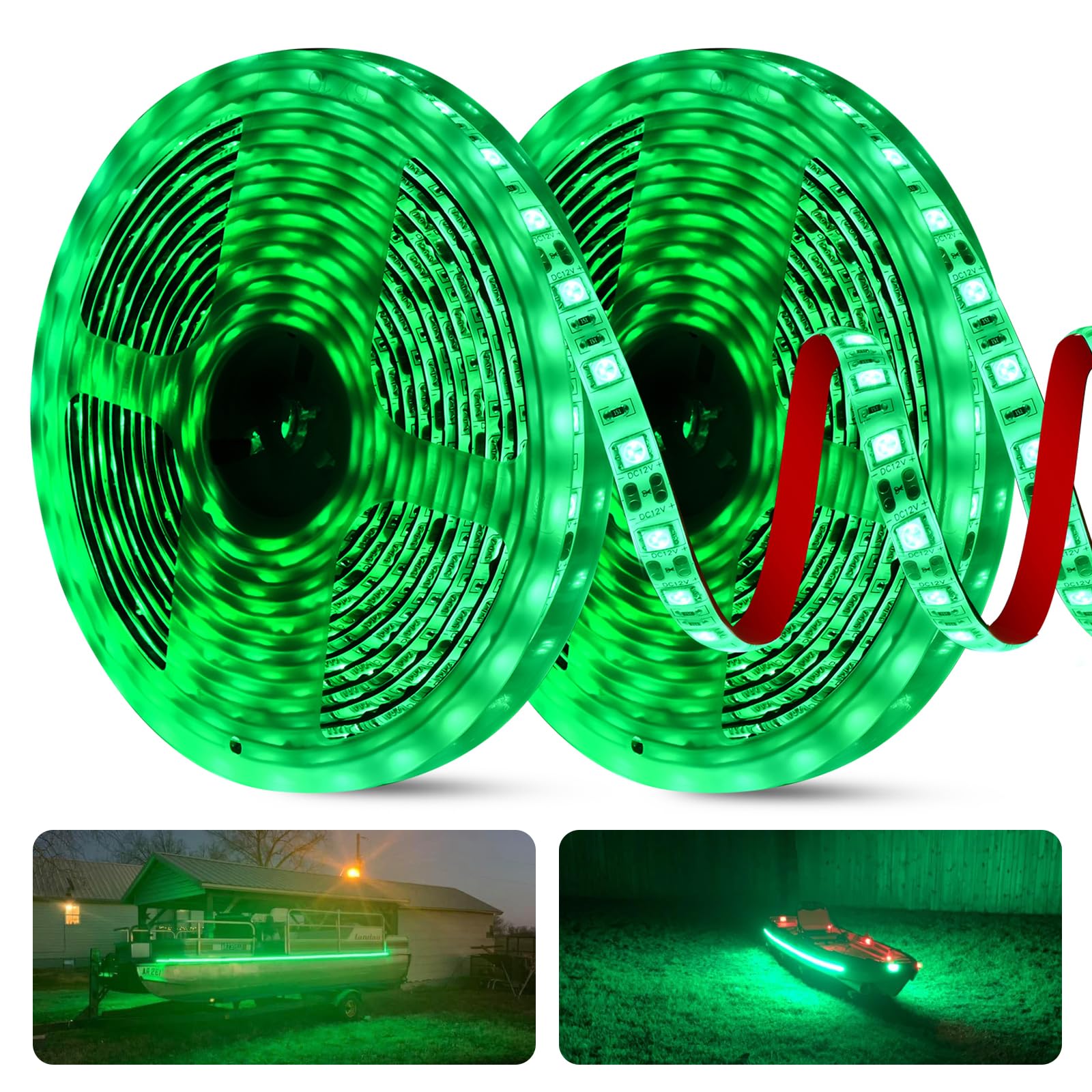50ft Green LED Strip Lights - 12V Waterproof Marine Deck Lights for Night Fishing on Pontoon, Kayak, Jon & Bass Boats - Perfect for Underwater Illumination and Interior Boat Lighting