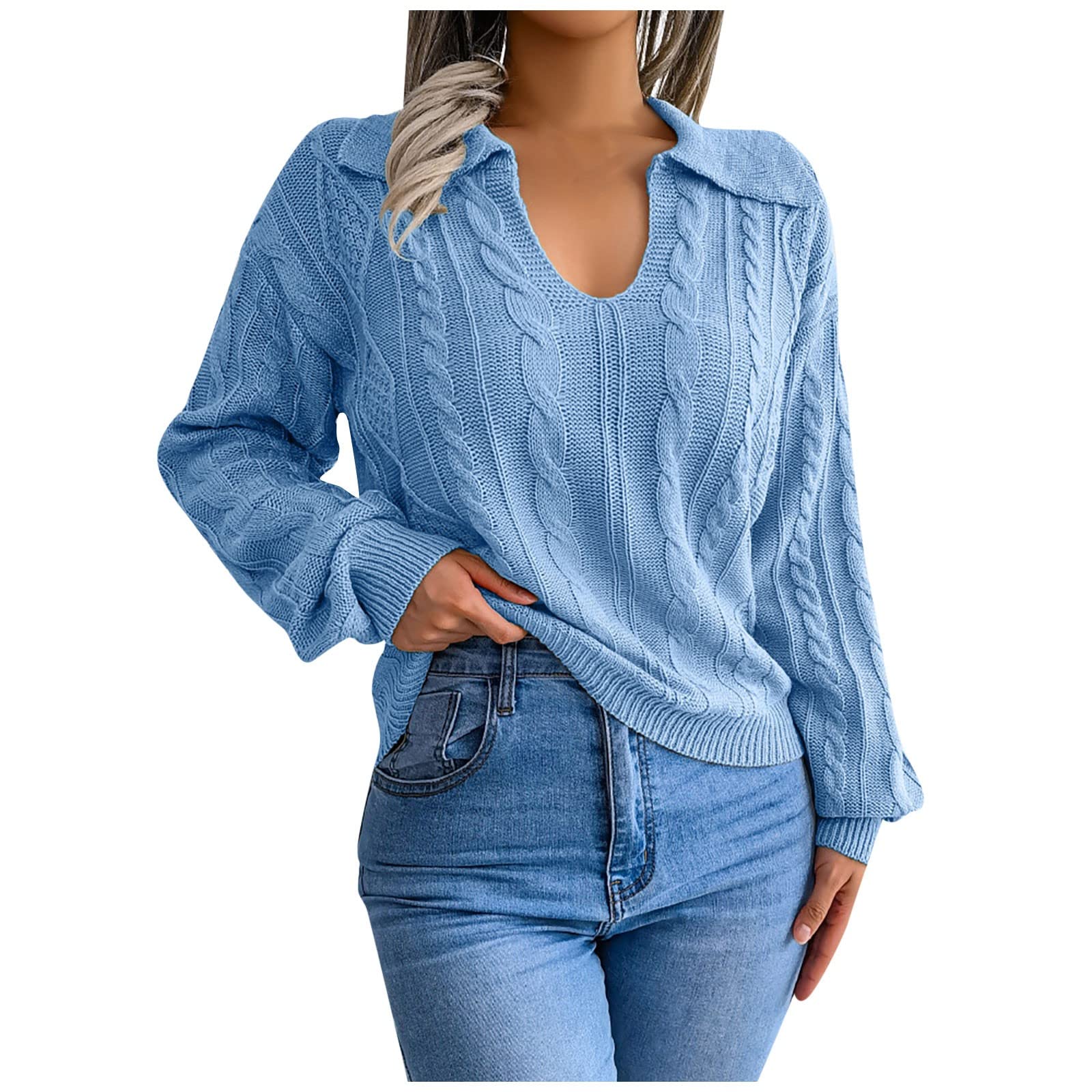 JJHAEVDY Women's Long Lantern Sleeve Blouse - Waffle Knit Flowy Top with Frill Trim, Solid Color Sweater Shirt for Casual Wear & Office Outfits