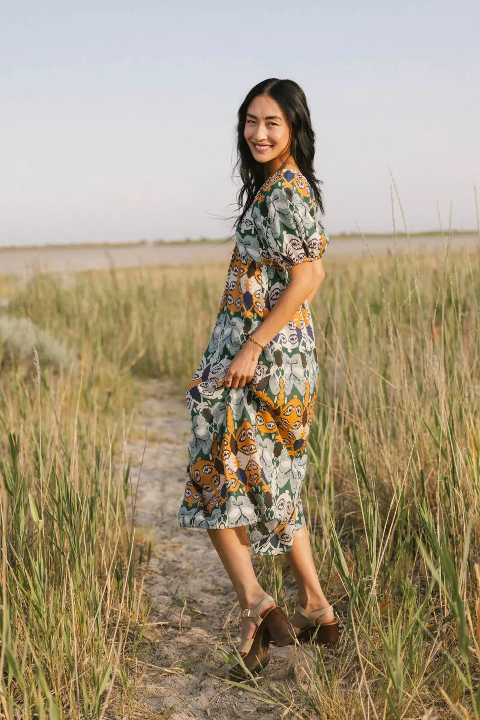 Ainoa Abstract Print Midi Dress for Women - Elegant Flowy Summer Dress | Perfect for Beach Vacations, Date Nights & Casual Outings