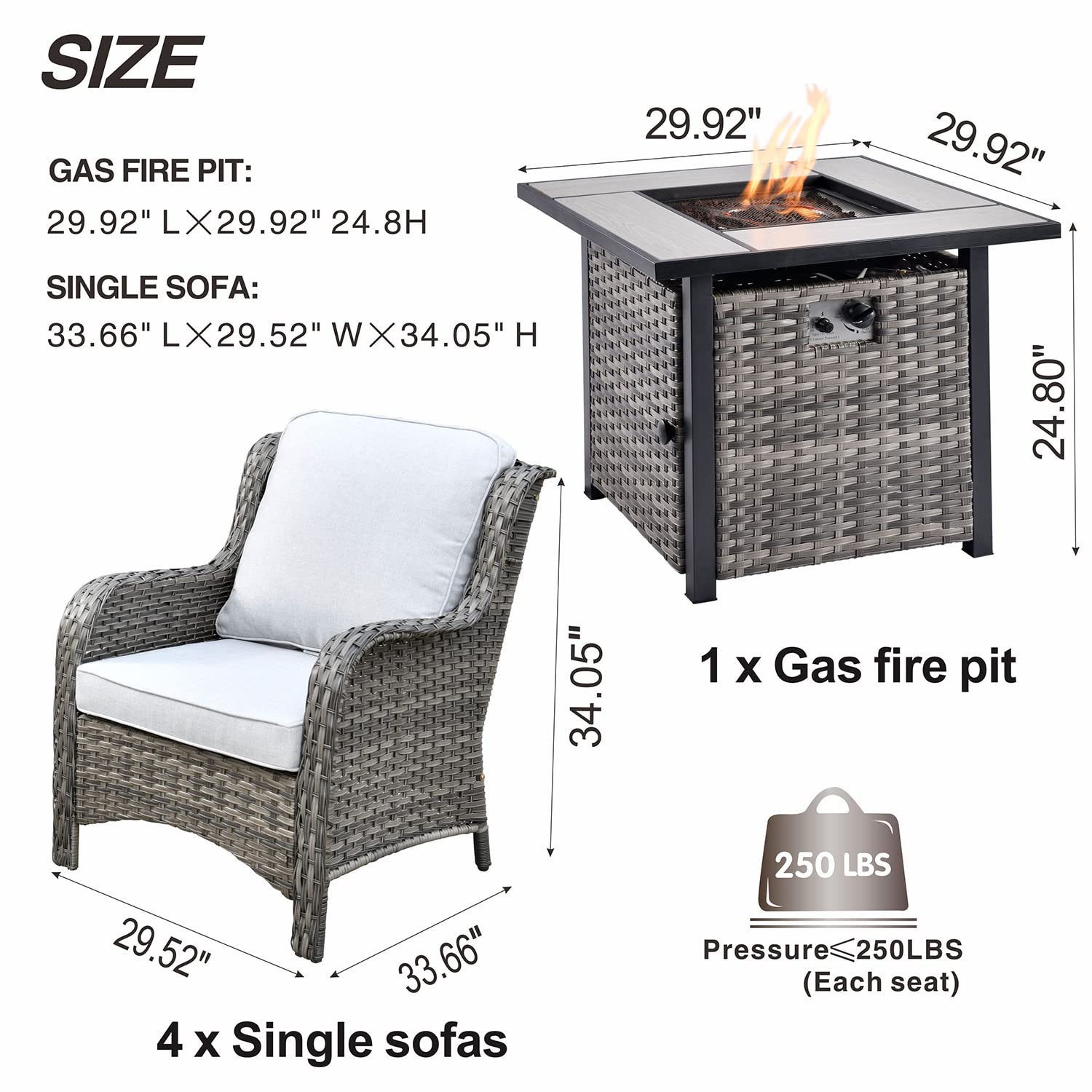 5-Piece Grey Wicker Patio Furniture Set with 30