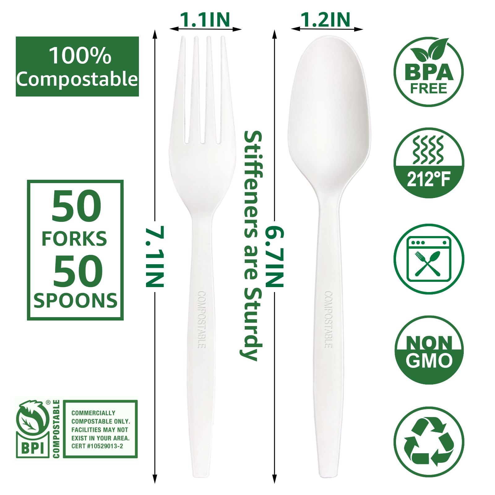 **100% Compostable Forks and Spoons Set - 7.1 Inch Heavy-Duty Biodegradable Flatware (100-Pack) | Eco-Friendly Disposable Utensils for Parties, Picnics, BBQs & Events**