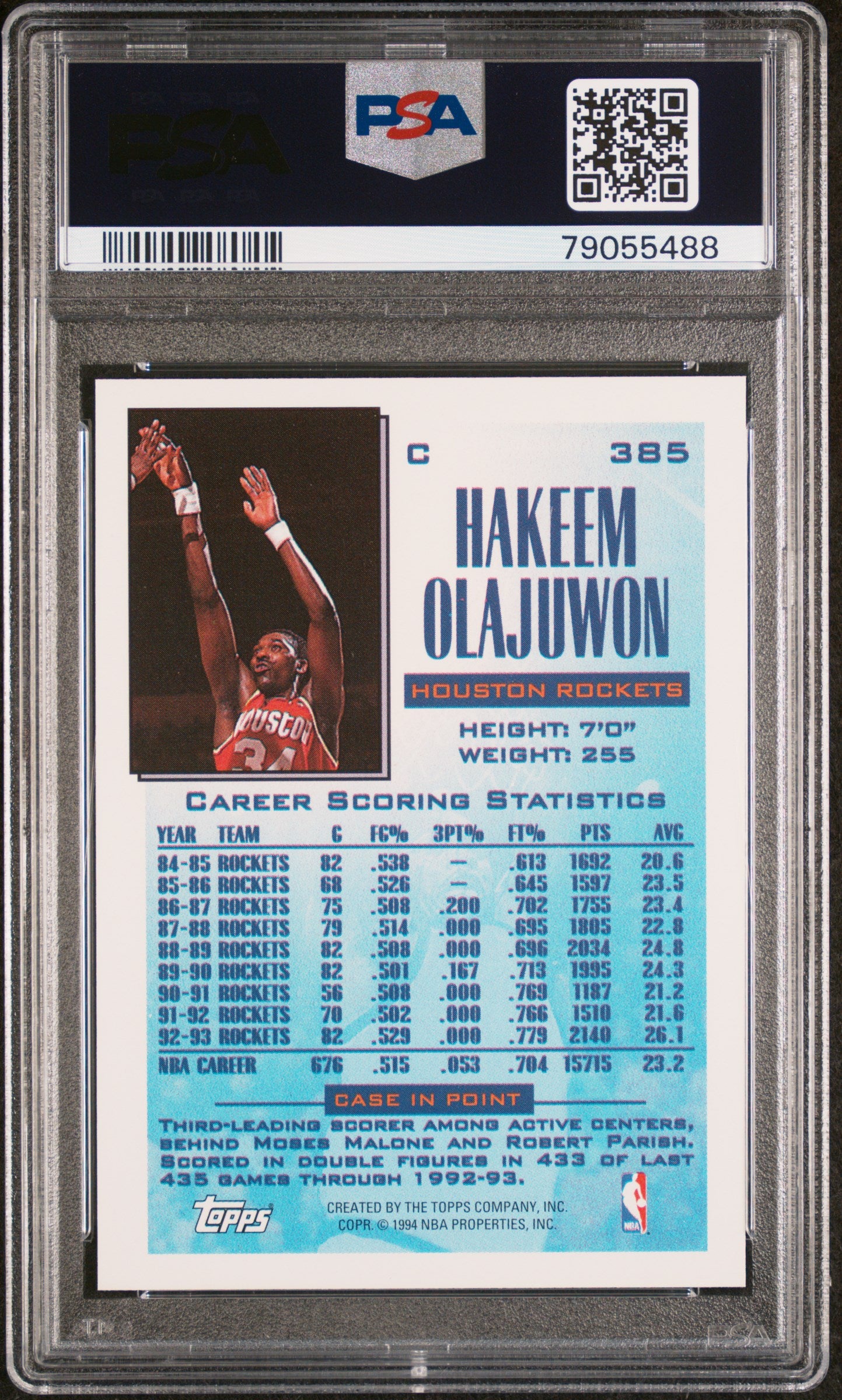 1993 Topps Hakeem Olajuwon #385 PSA 10 Gem Mint Basketball Card - Perfect for NBA Collectors & Houston Rockets Fans - Display in Home Office, Man Cave or Sports Memorabilia Collection