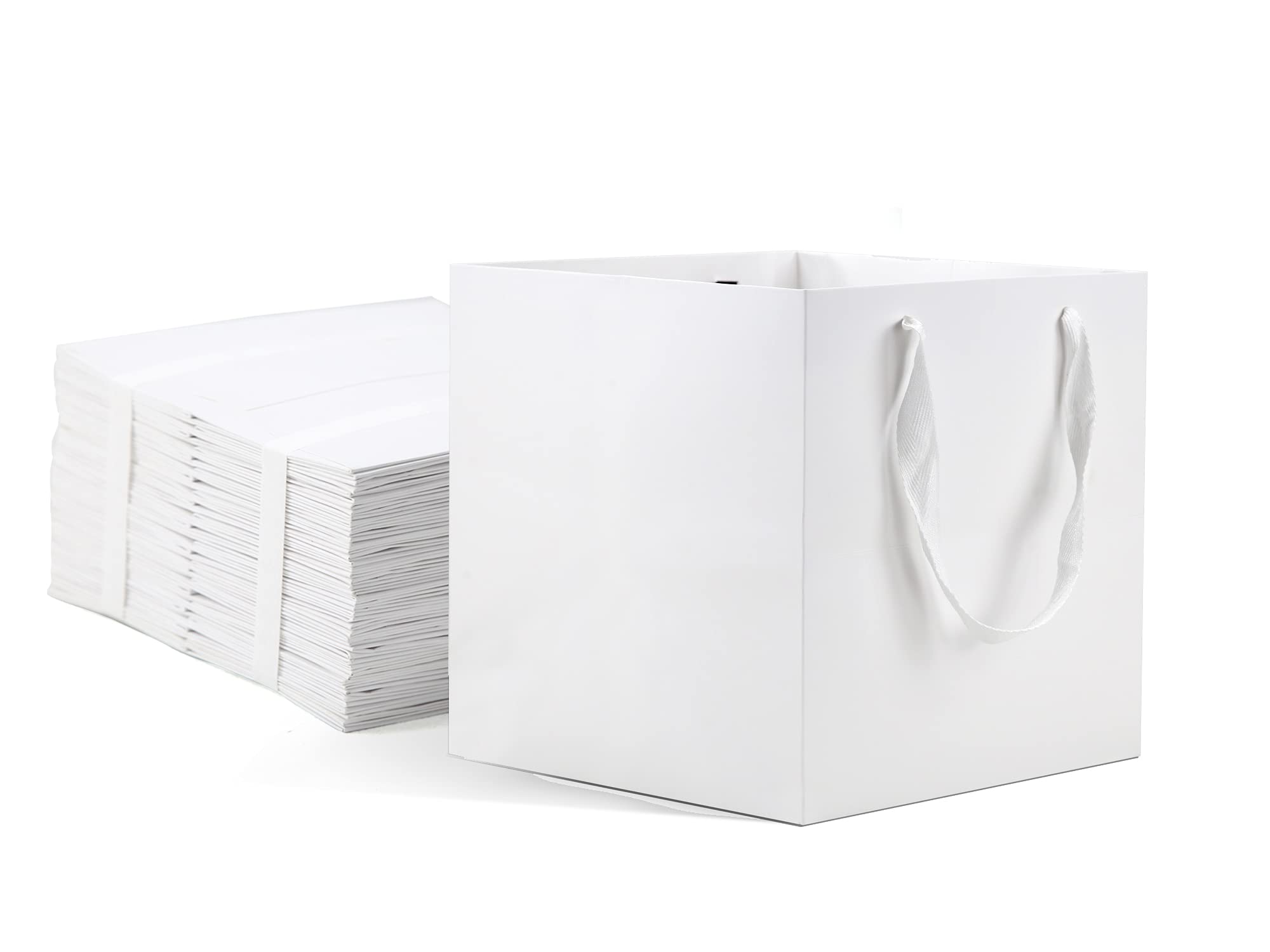 HUAPRINT 12 Pack White Paper Gift Bags with Handles, 8x8x8 Inch Square Kraft Shopping Bags for Party, Birthday, Retail, Merchandise & Take-Out - Perfect for Favor Bags, Goody Bags & Bulk Packaging