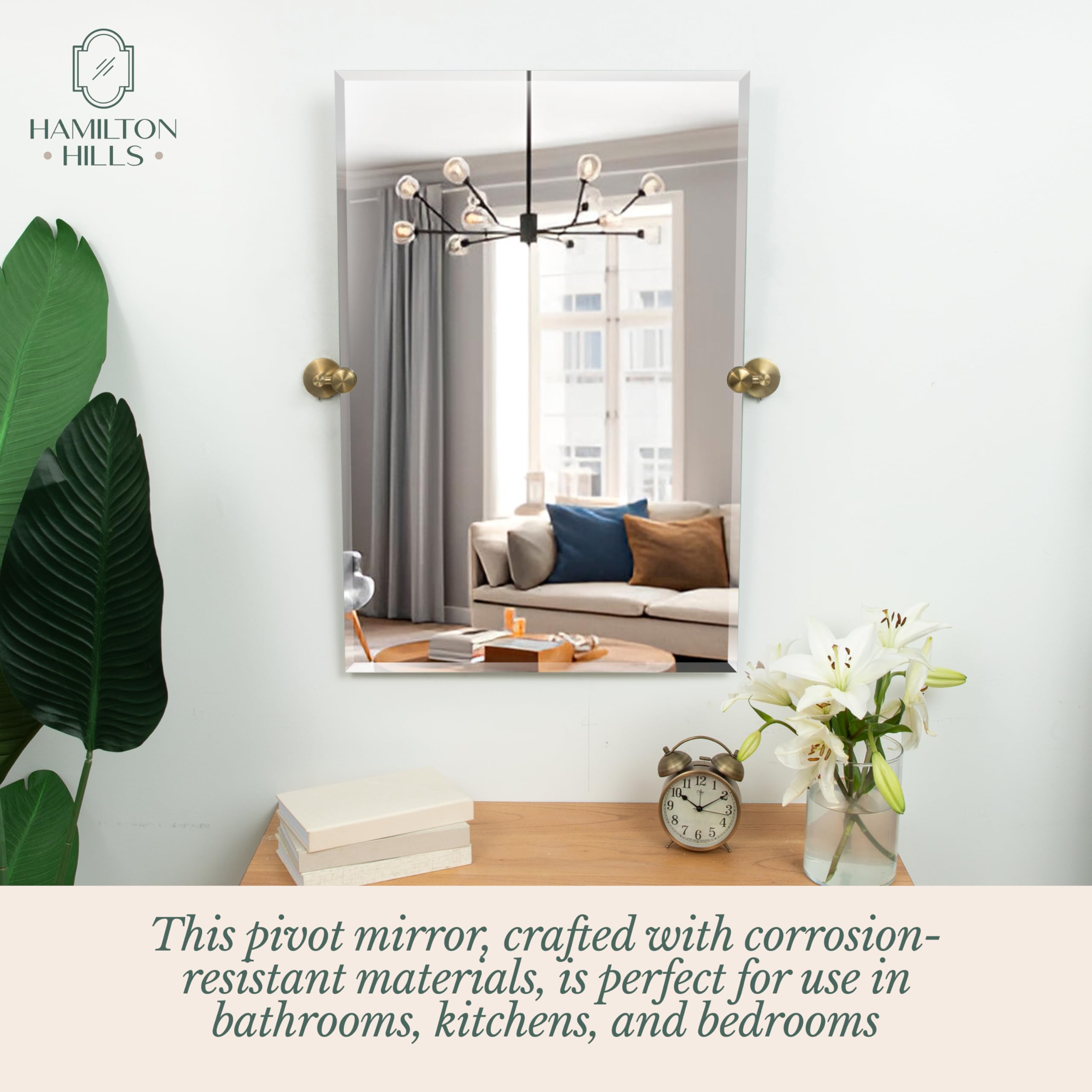 Hamilton Hills 24x36 Inch Frameless Pivot Bathroom Mirror - Adjustable Tilting Rectangular Wall Mirror with Gold Rounded Brackets - Modern Vanity & Shower Decor for Bathroom, Bedroom, and Entryway