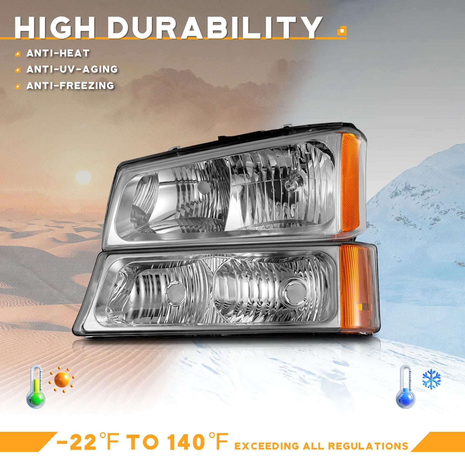 Chevy Silverado Headlights 2003-2007 - Chrome Amber for Avalanche Pickup - Perfect for Night Driving