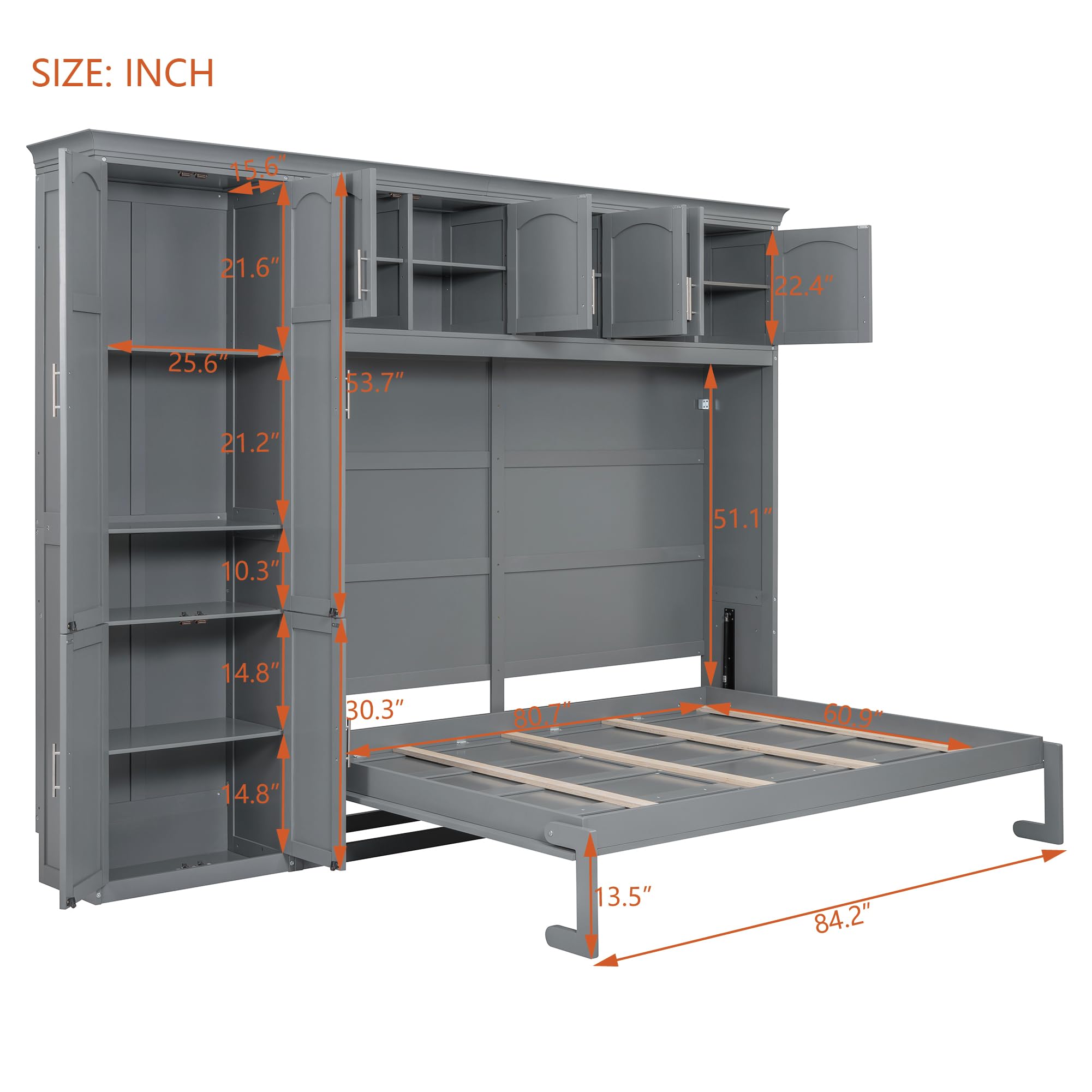 Merax Queen Size Murphy Bed with Storage Cabinets - Space Saving Wall Bed in Gray Wood Finish | Perfect for Small Apartments, Guest Rooms & Home Offices