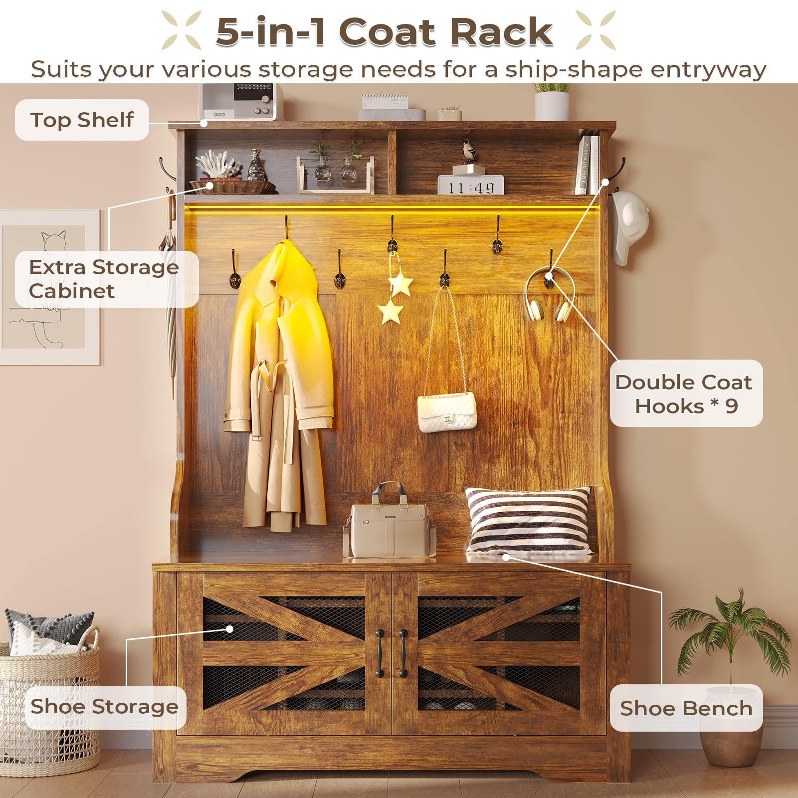 Itaar 5-in-1 Hall Tree Entryway Bench with Shoe Storage - Rustic Brown Coat Rack with 10 Shoe Cubbies, 9 Coat Hooks, Barn Door & Adjustable Shelf - Perfect for Mudroom, Foyer & Small Space Organization