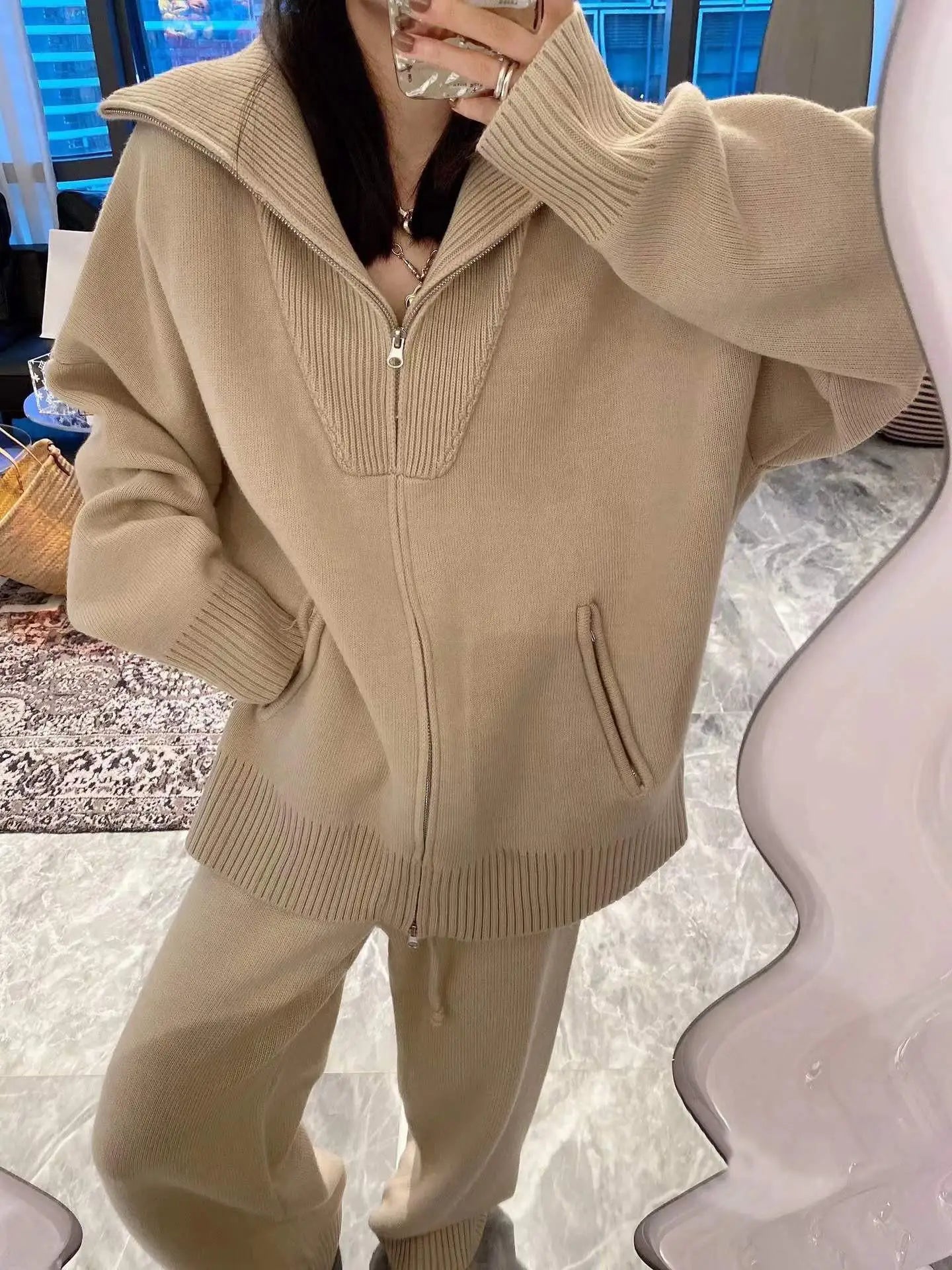 Women's Knitted Two-Piece Set - Beige & Brown Zipper Sweater Top with High Waist Drawstring Wide Leg Pants | Fall Winter Fashion Outfit for Casual Wear, Office & Date Night