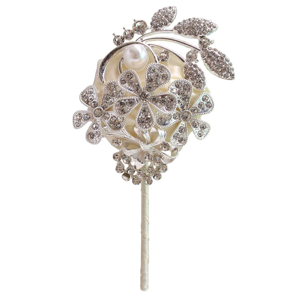 WANLIAN Rhinestone Boutonniere Pin for Wedding, Prom, Party - Silver Ivory Crystal Corsage for Men's Suit Lapel, Formal Events & Special Occasions
