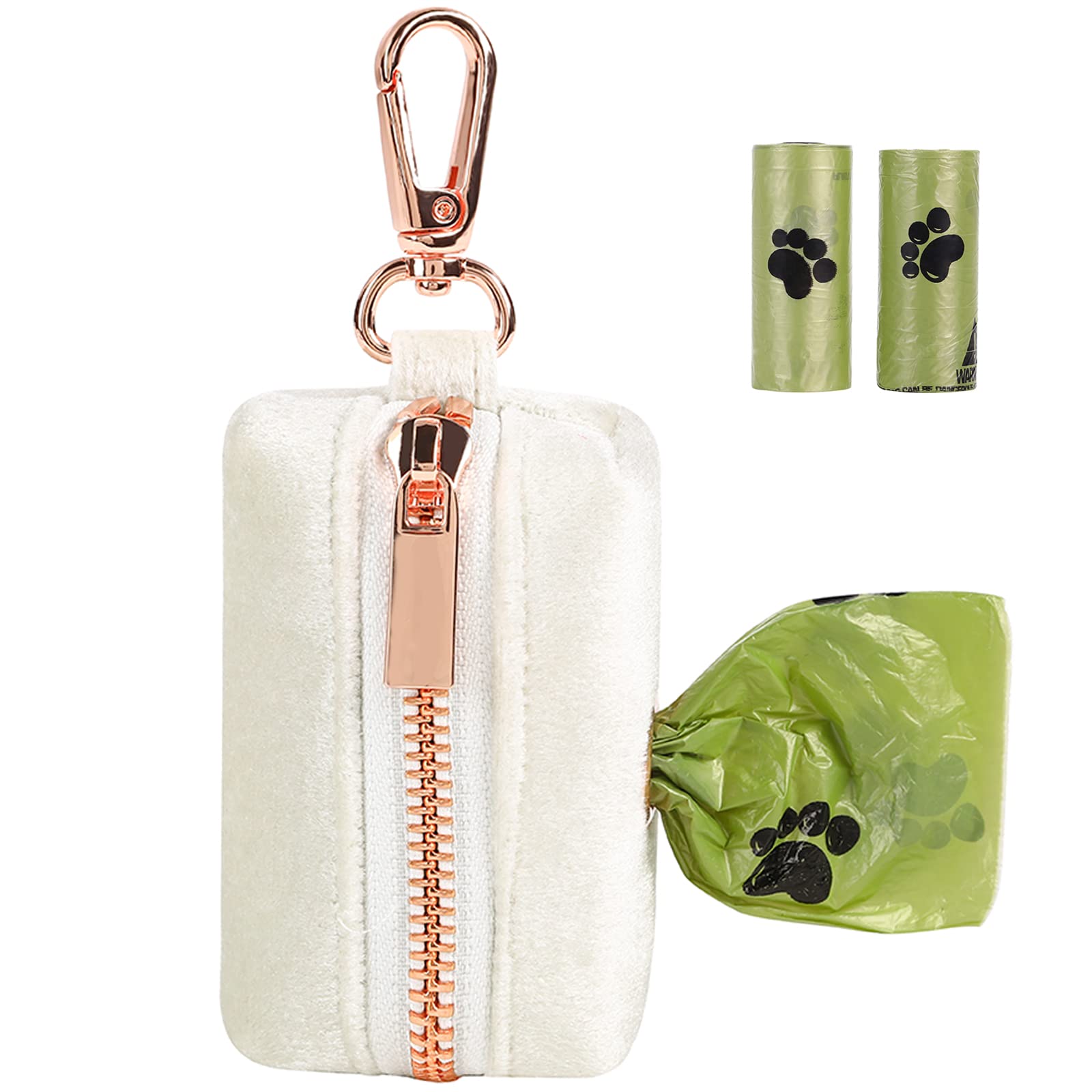 ARING PET Velvet Dog Waste Bag Holder - Portable Washable Poop Bag Dispenser with Metal Zipper, Attaches to Any Leash (White) - Perfect for Dog Walks, Park Visits & Outdoor Adventures with Your Pet