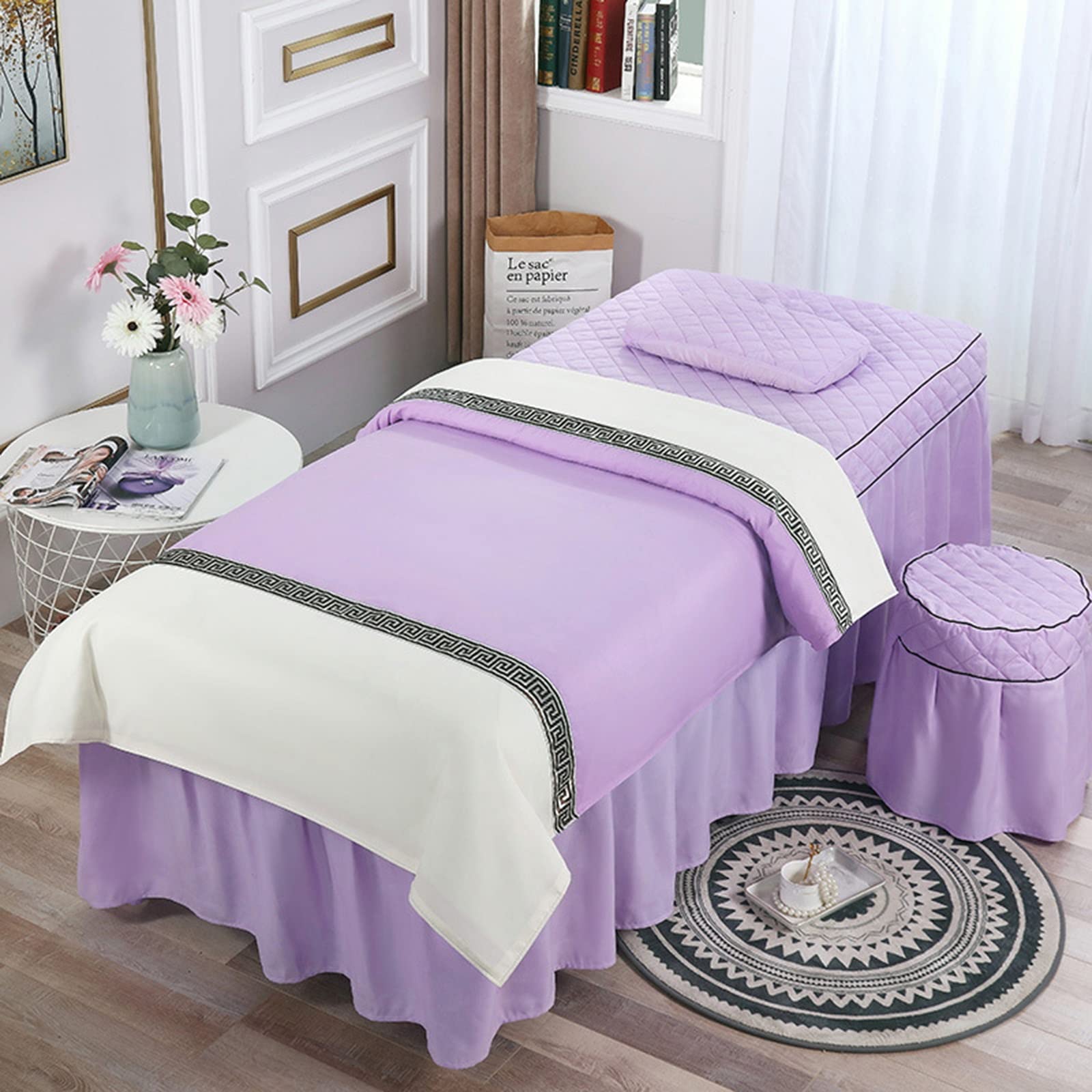 Premium 4-Piece Massage Table Sheet Set - Solid Color Spa Bed Cover with Skirt & Valance (190x80cm/75x31in) for Professional Massage, Facial Treatments & Beauty Salon Use