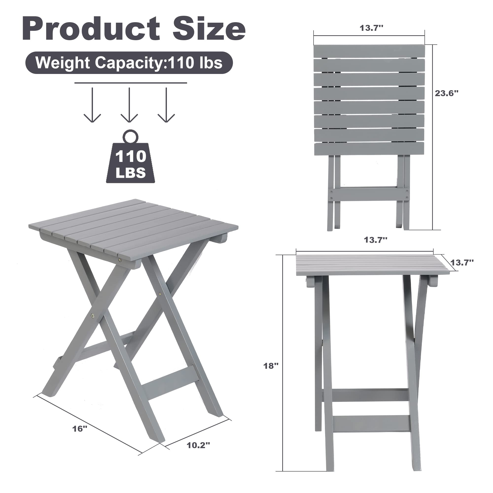 LUCKYERMORE Wooden Folding Square Side Table - Outdoor Patio Poolside End Table for Garden, Backyard, Balcony - Lightweight & Multifunctional Small Table (Grey) | Perfect for Drinks, Books, and Outdoor Relaxation