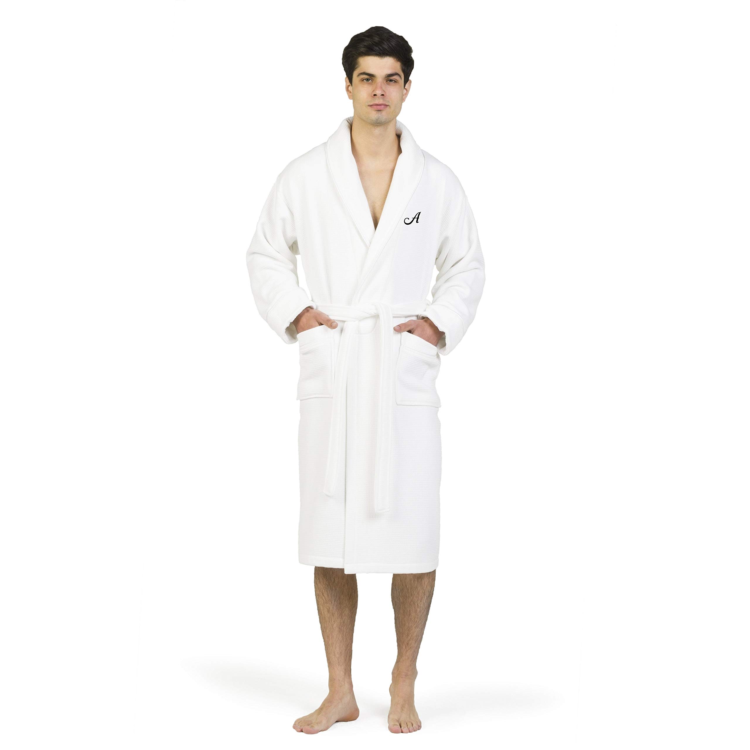 Premium White Unisex Turkish Cotton Waffle Weave Bathrobe with Black Monogram - Soft Absorbent Terry Cloth Robe for Spa, Hotel & Home Relaxation (Size L/XL)