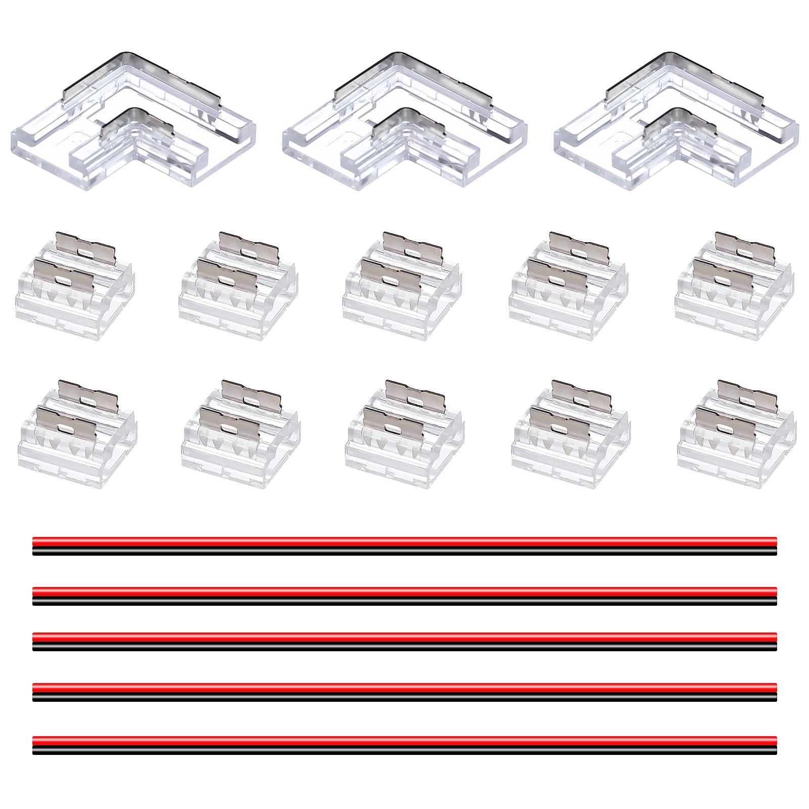 2-Pin 0.32in/8mm COB LED Strip Connector Kit - 10 Transparent Gapless Connectors, 3 L-Shaped Corner Connectors, 5 Extension Wires (5.9in/15cm) - for Seamless LED Light Installation in Home, Kitchen, Cabinet & DIY Projects (Pack of 18)