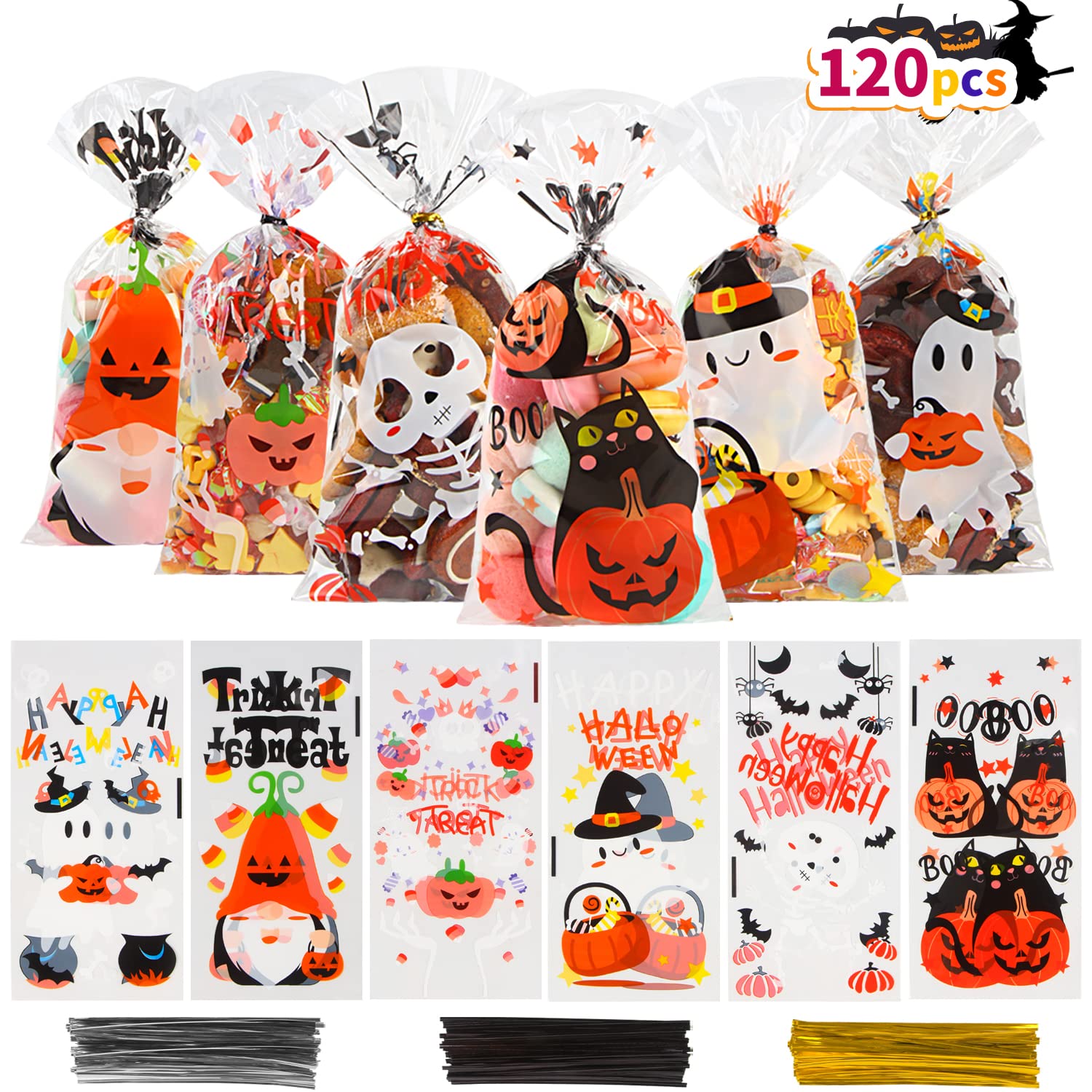 LOKIPA 120PCS Halloween Cellophane Treat Bags - 6 Styles Candy Bags with 150 Twist Ties for Trick or Treat, Halloween Party Favors, Classroom Treats & Goodie Bags