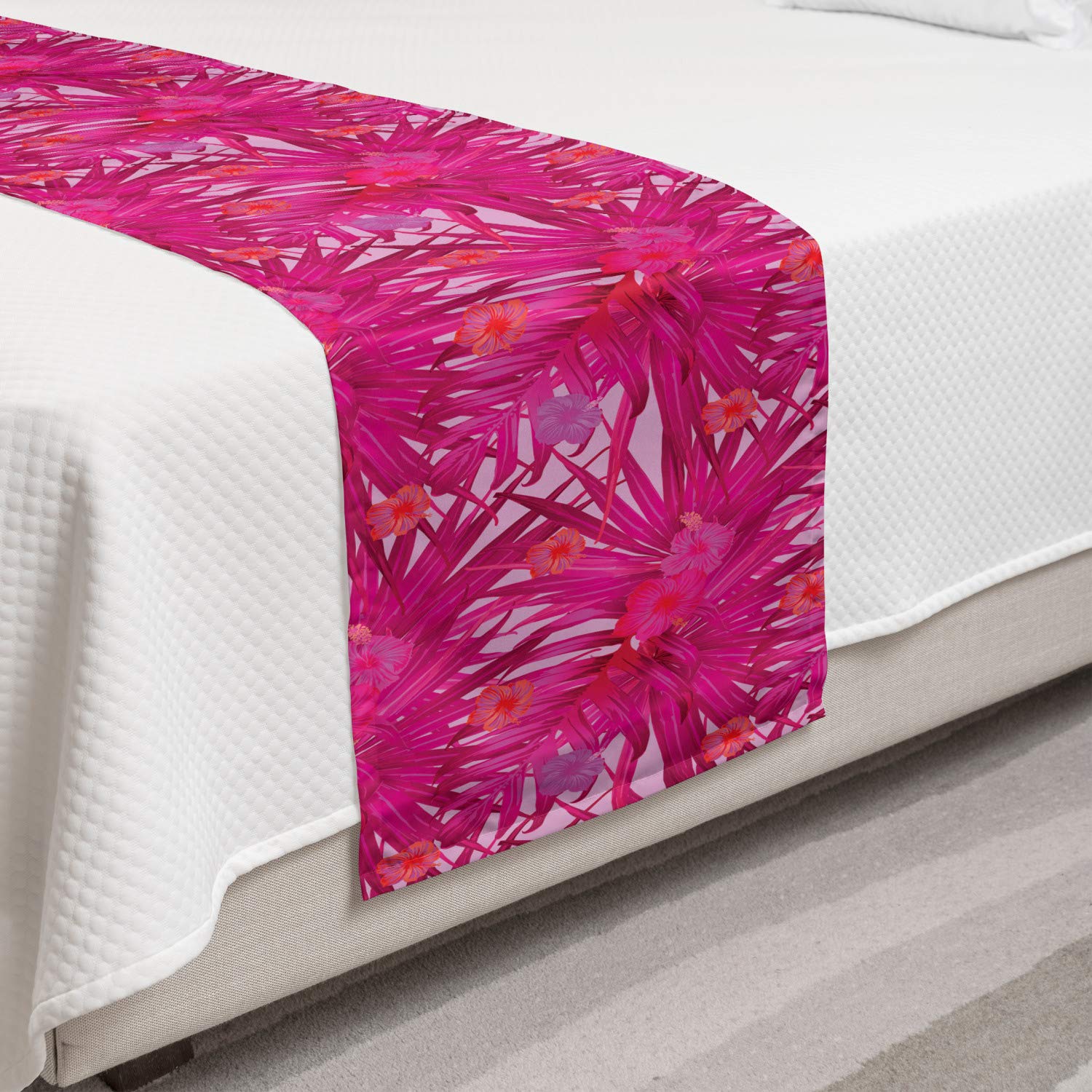 Ambesonne Hibiscus Bed Runner - Tropical Flowers & Monstera Leaves Summer Pattern | Decorative Bedding Scarf for Hotels, Homes & Guest Rooms | Twin Size in Raspberry Pale Pink | Perfect for Beach House Decor, Summer Weddings & Boho Bedroom Styling