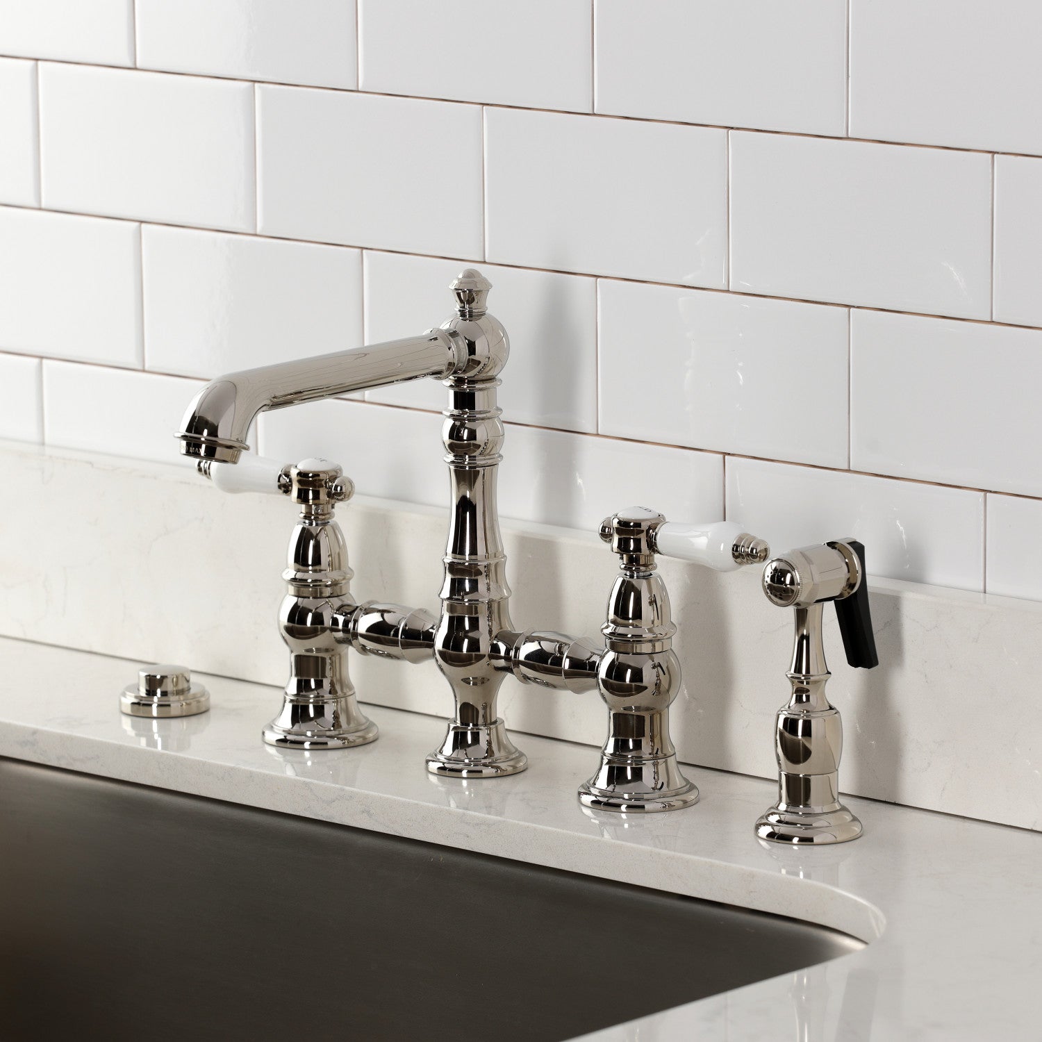 Bel Air KS7276BPLBS Two Handle 4 Hole Deck Mount Bridge Kitchen Faucet with Brass Side Sprayer, Polished Nickel - Perfect for Modern Farmhouse & Industrial Style Kitchens