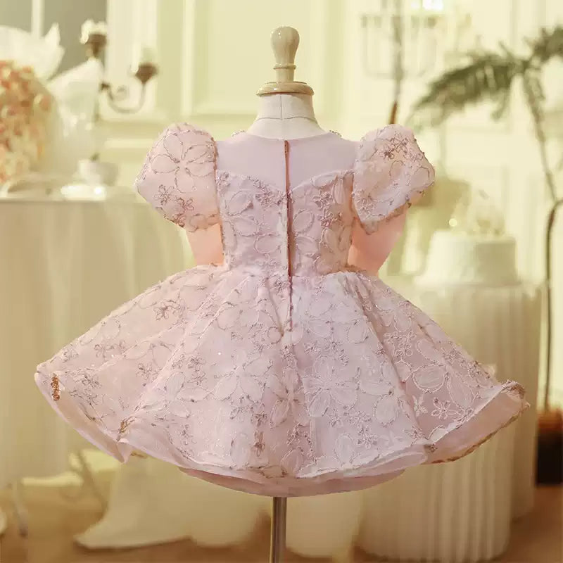 Pink Lace Tulle Flower Girl Dress with Bow & Puff Sleeves - Elegant First Communion, Wedding Party, and Special Occasion Dress for Toddlers & Kids