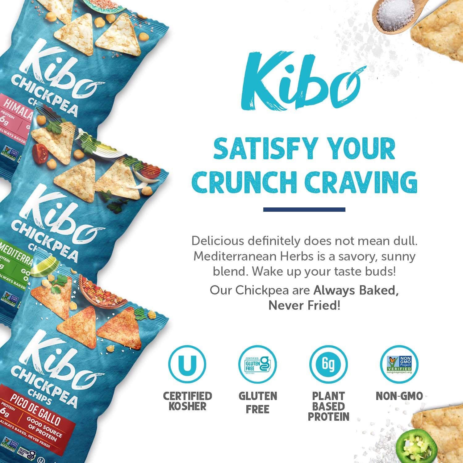 Kibo Chickpea Chips Variety Pack (6 Pack) - High Protein, High Fiber, Gluten-Free, Vegan Snacks - Non-GMO, Plant-Based Chips Made with Real Vegetables - Perfect for Healthy Snacking, Lunch Boxes & On-the-Go Nutrition