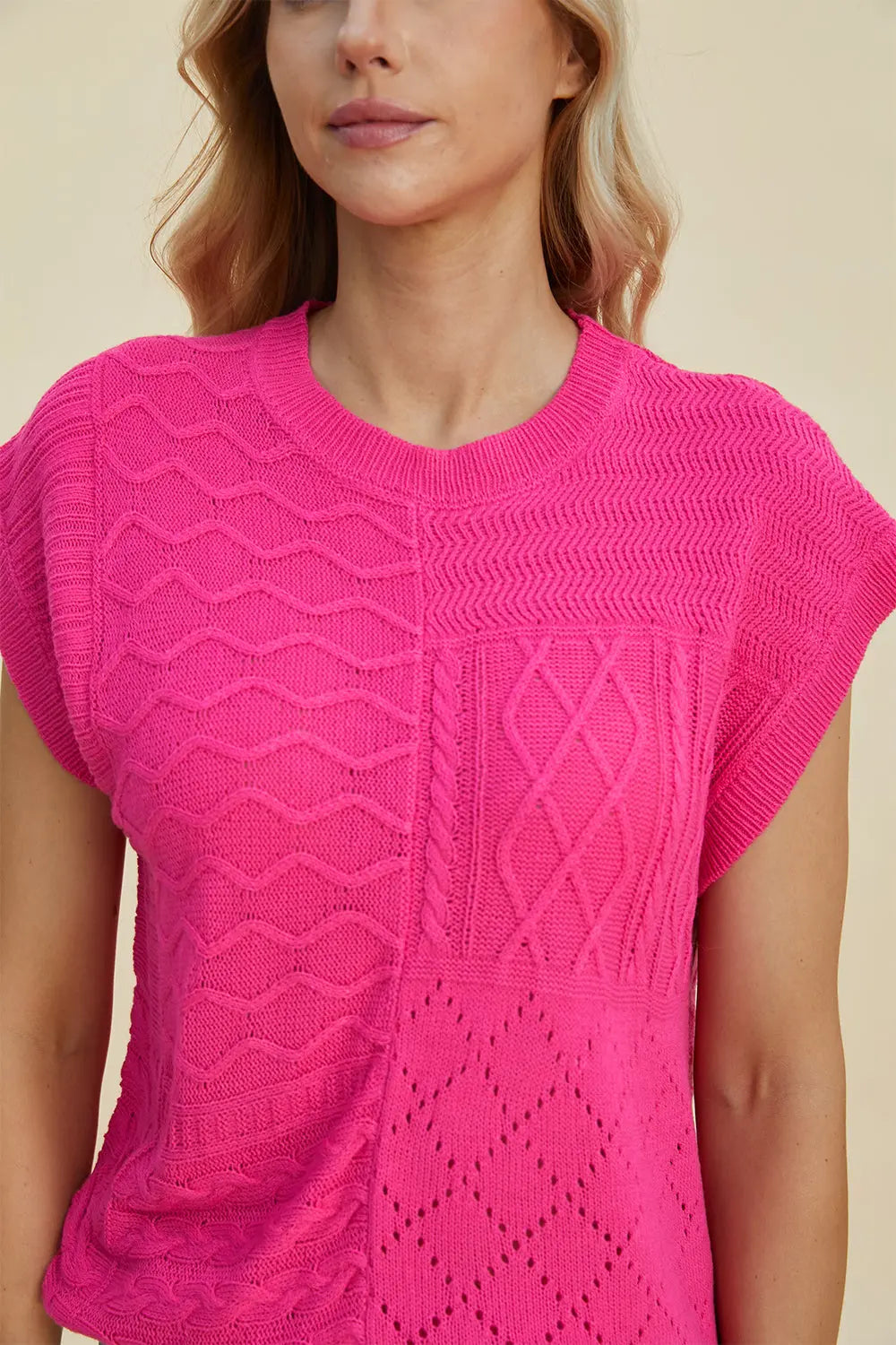 Double Take Full Size Cable Knit Round Neck Cap Sleeve Sweater for Women - Cozy Winter Pullover for Office, Date Night & Casual Outfits