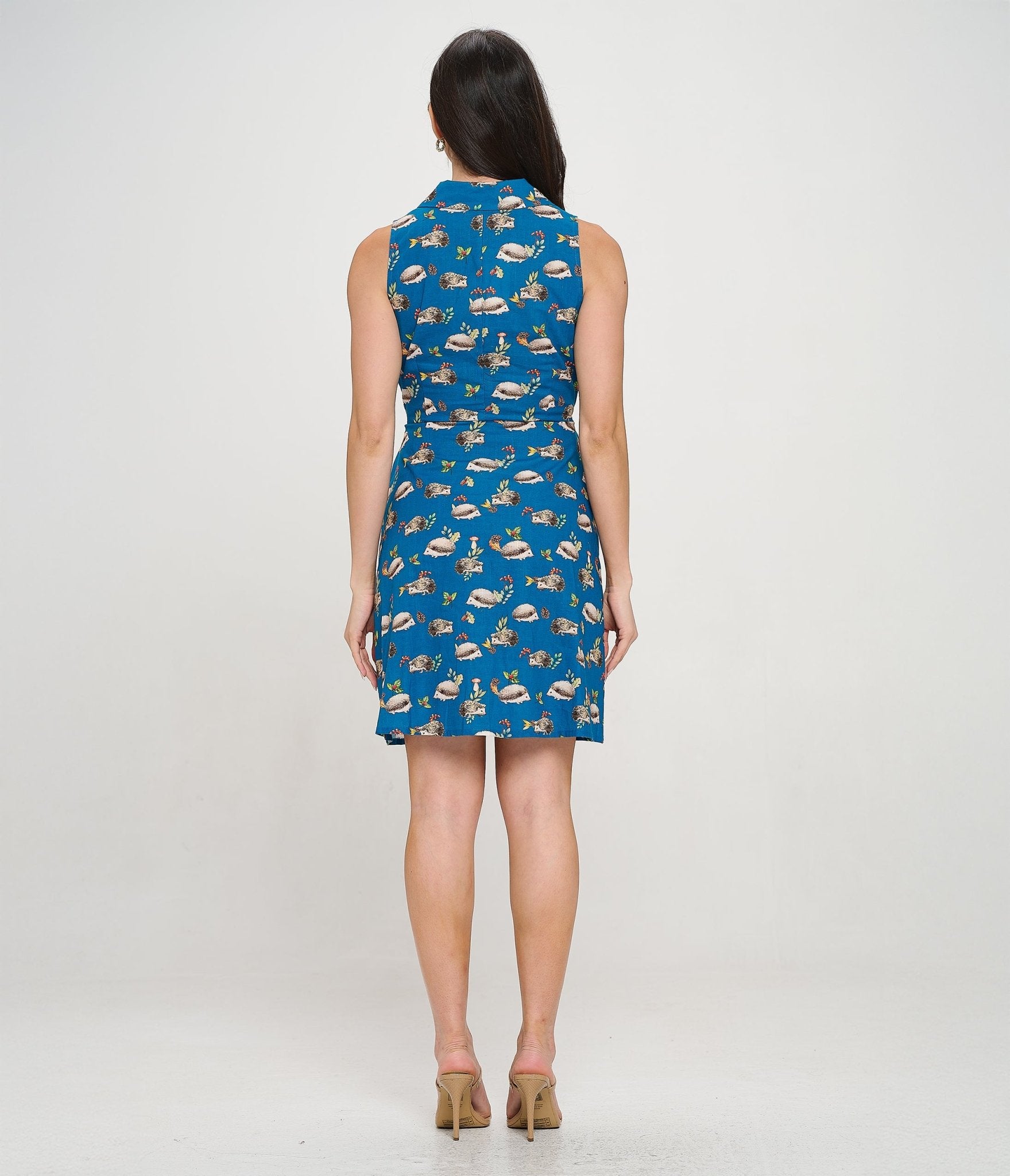 Blue Hedgehog Mushroom Berry Print Cotton Fit & Flare Dress - Women's Vintage Floral Summer Dress for Casual Outings, Picnics & Boho Style