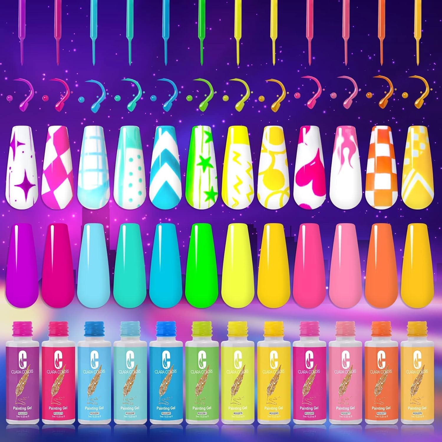 Clara Colors 12-Piece Glow in the Dark Gel Nail Art Liner Set - UV/LED Soak Off Polish with Thin Brush for Swirl Designs | Perfect for Nail Salon Professionals & DIY Home Manicures