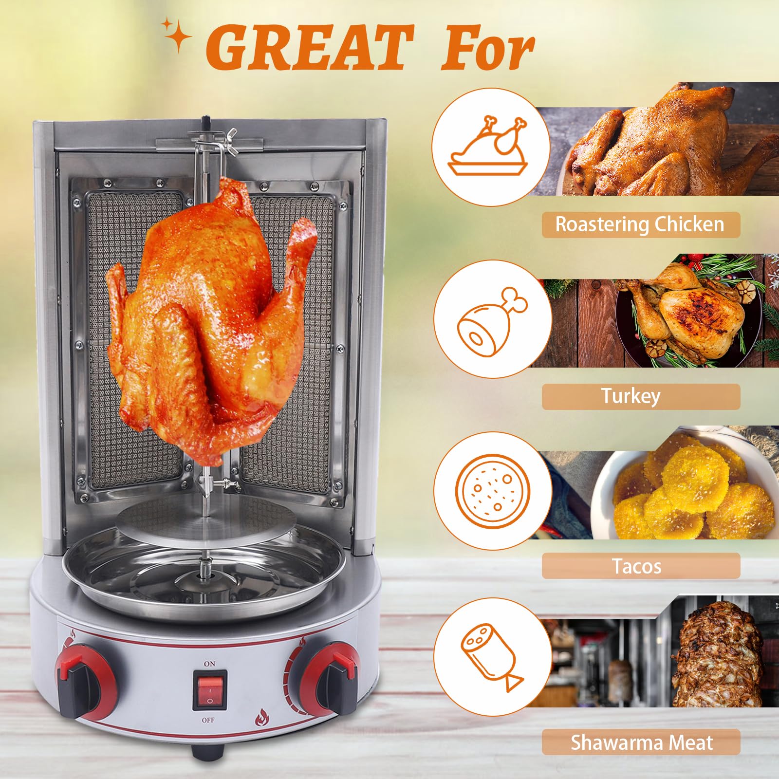Commercial & Home Use Shawarma Grill Doner Kebab Machine - 2 Burner Vertical Rotisserie for Turkish Chicken, Beef & Lamb - Perfect for Restaurants, Food Trucks & Outdoor BBQ Parties