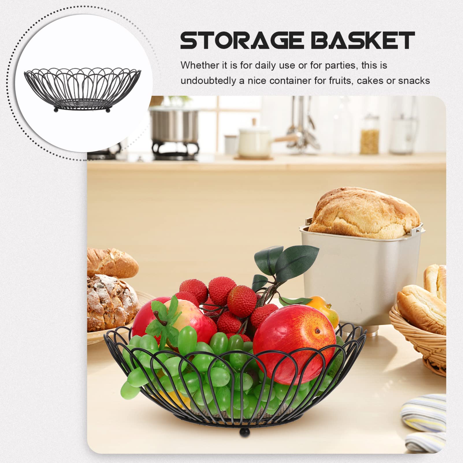 Angoily Round Wire Basket - Metal Fruit & Vegetable Storage Basket, Iron Arts Bread Bowl Stand - Decorative Snacks Holder & Candy Dish for Kitchen Countertop, Dining Room Table - Perfect for Organizing Produce, Displaying Bread, or Serving Snacks at Parties (Black)