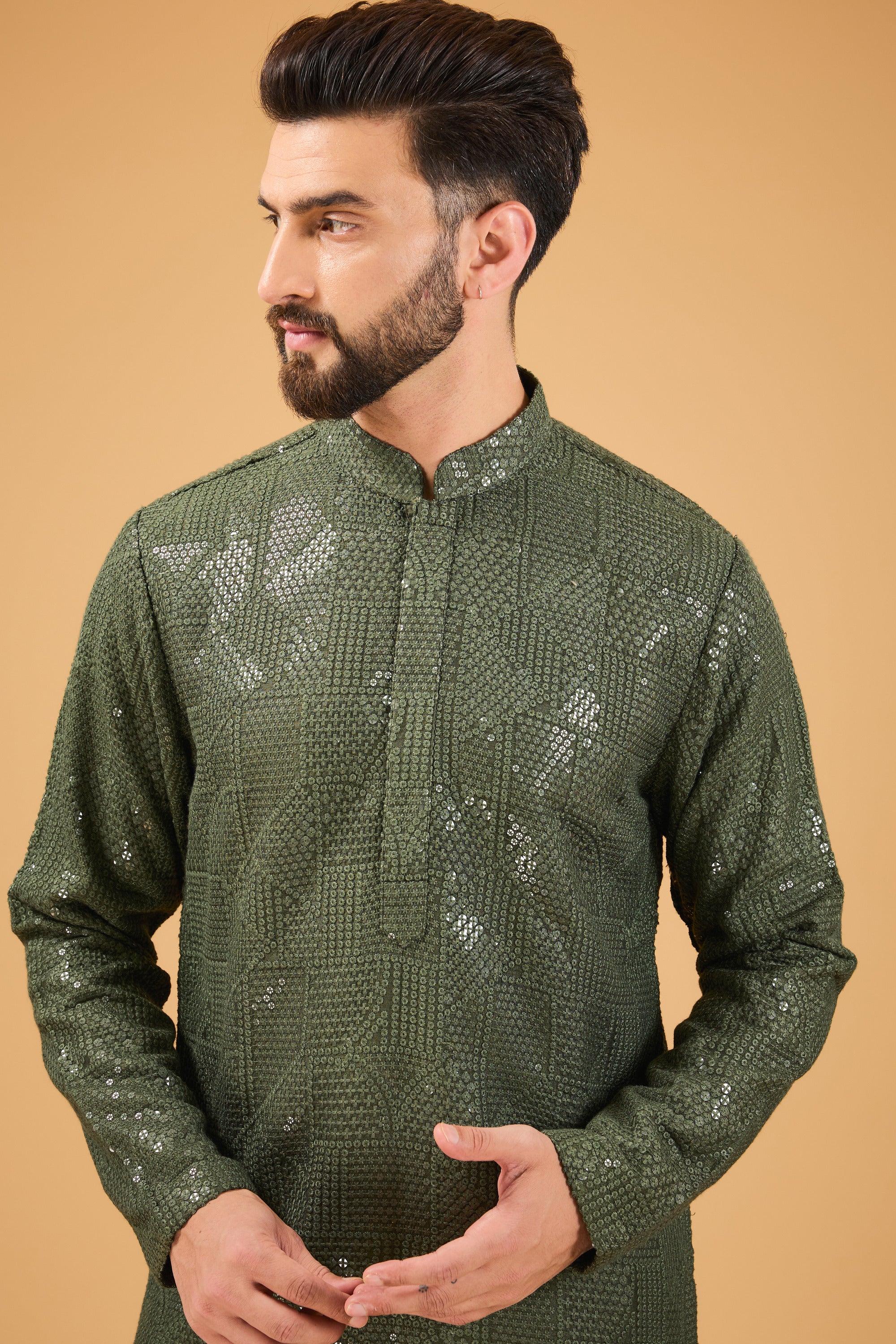 Military Green Embroidered Sequin Kurta for Women - Geometric Design Heavy Sequins - Perfect for Festivals, Parties, and Special Occasions