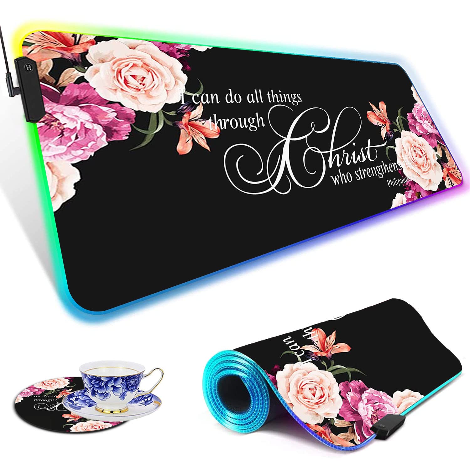 RGB Gaming Mouse Pad with LED Lights - Large Non-Slip Desk Mat for Keyboard & Mouse | Waterproof Optical Surface | Perfect for PC Gaming Setup | Features Philippians 4:13 Bible Verse & Peony Flower Design