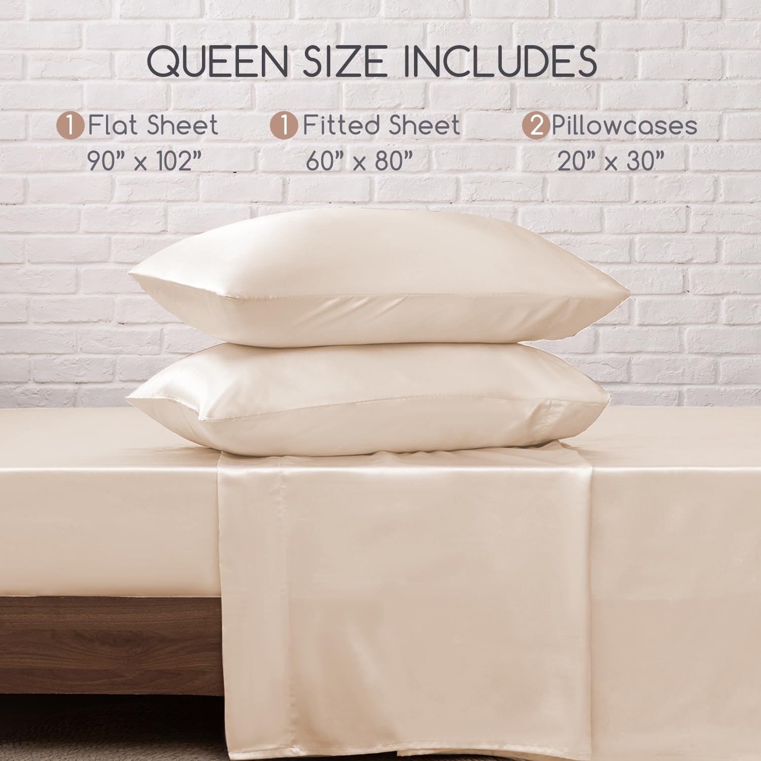 Luxury Satin Bed Sheets Set Queen Size - 4 Piece Silky Soft Bedding with 15