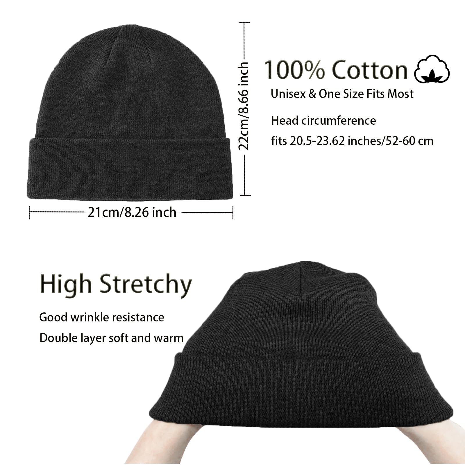100% Cotton Unisex Beanie Hats for Women & Men - Soft Warm Winter Knit Cuffed Fisherman Skull Cap - Perfect for Outdoor Activities, Skiing, Hiking and Cold Weather Protection